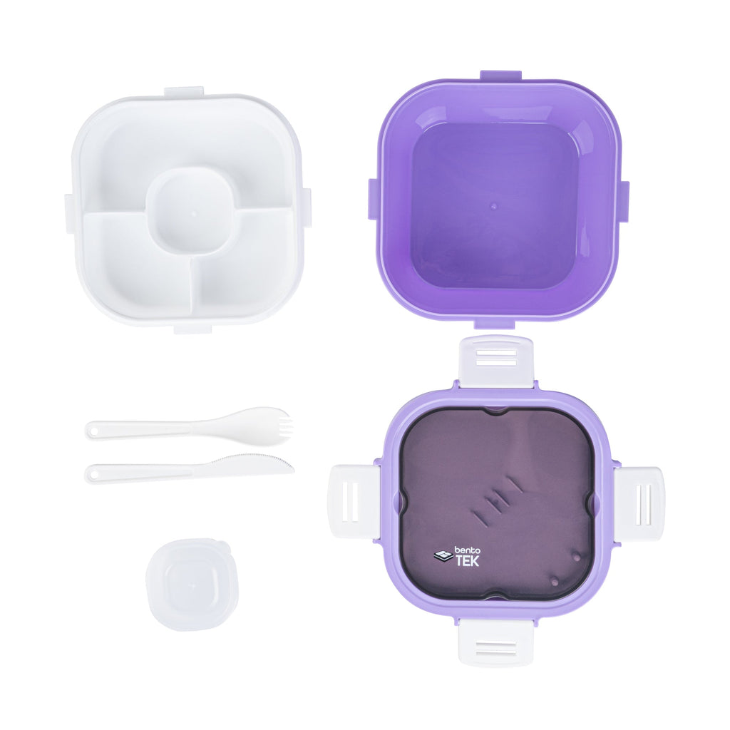 Bento Tek 58 oz Purple and White Lunch Box - BPA-Free, Microwave-Safe, with Fork and Knife - 7 1/4" x 7 1/4" x 4 1/4" - 1 count box