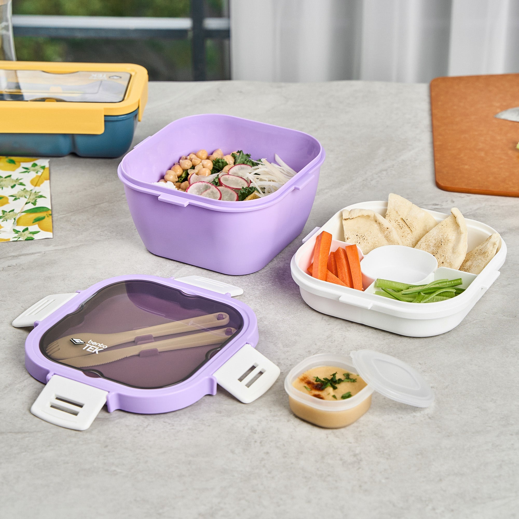 Bento Tek 58 oz Purple and White Lunch Box - BPA-Free, Microwave-Safe, with Fork and Knife - 7 1/4" x 7 1/4" x 4 1/4" - 1 count box