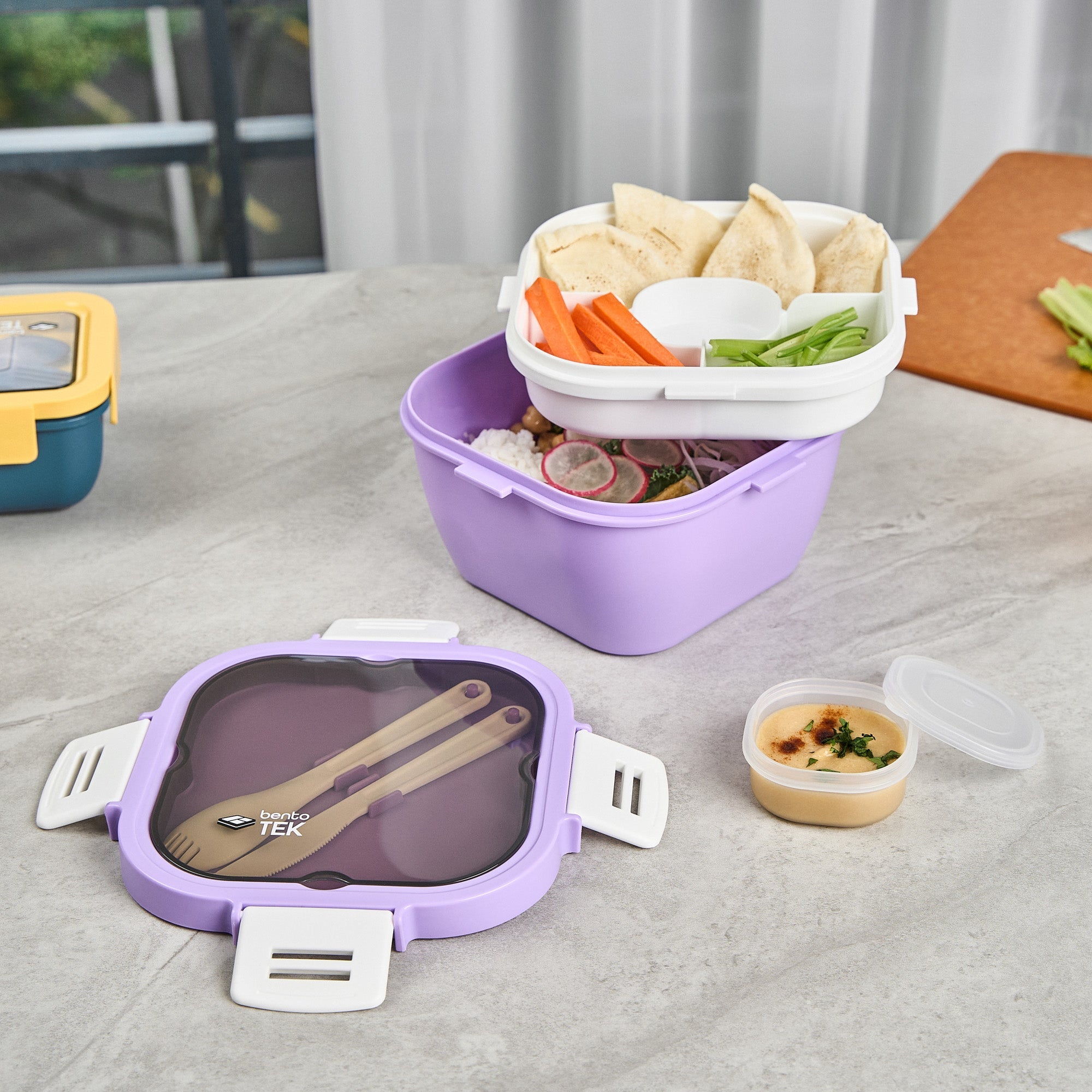 Bento Tek 58 oz Purple and White Lunch Box - BPA-Free, Microwave-Safe, with Fork and Knife - 7 1/4" x 7 1/4" x 4 1/4" - 1 count box