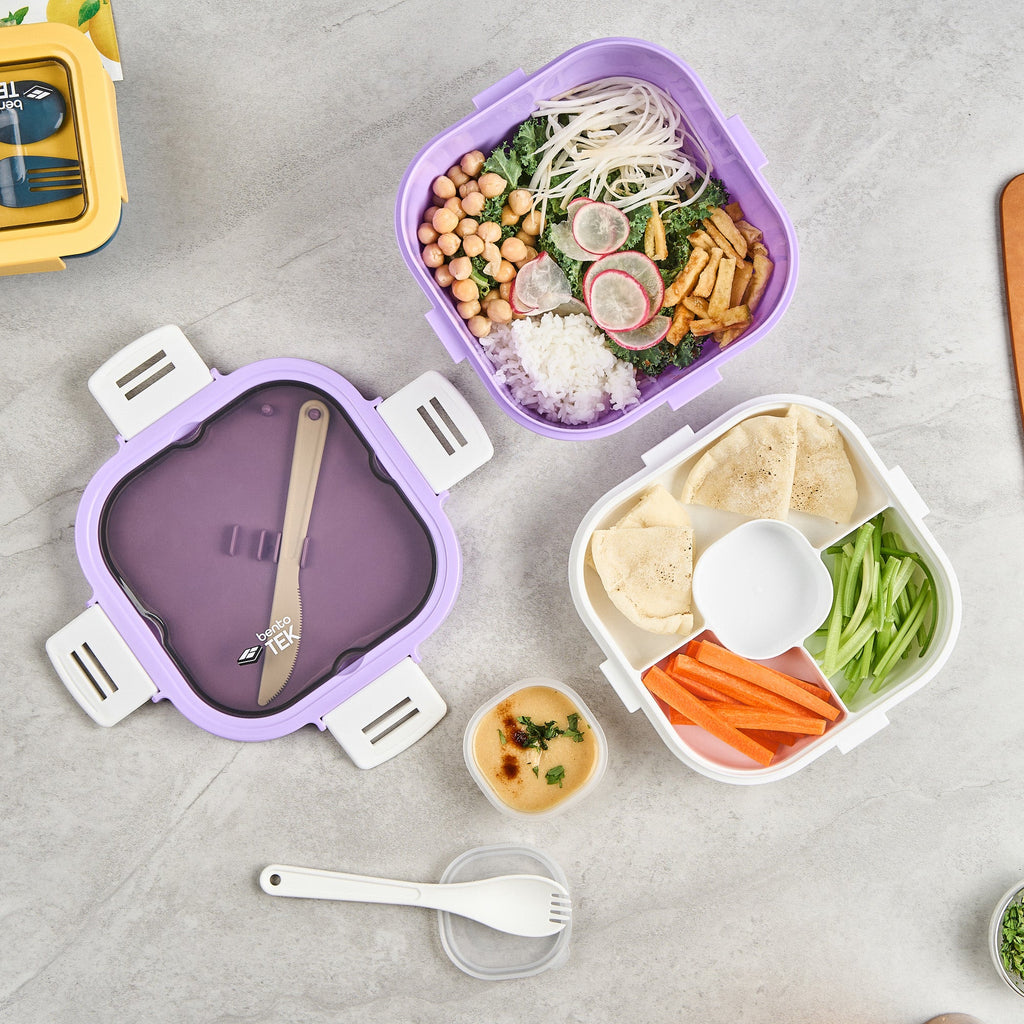 Bento Tek 58 oz Purple and White Lunch Box - BPA-Free, Microwave-Safe, with Fork and Knife - 7 1/4" x 7 1/4" x 4 1/4" - 1 count box