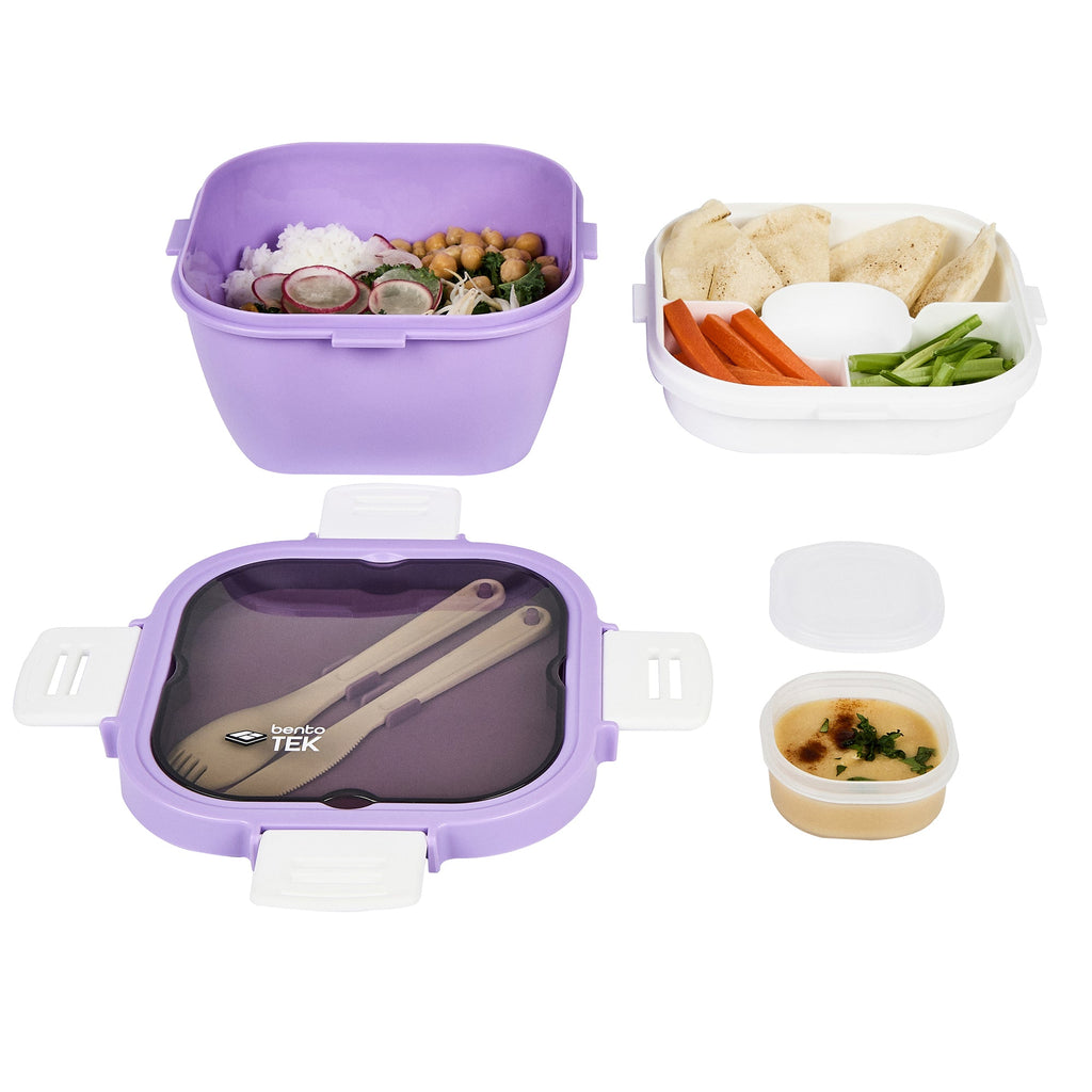 Bento Tek 58 oz Purple and White Lunch Box - BPA-Free, Microwave-Safe, with Fork and Knife - 7 1/4" x 7 1/4" x 4 1/4" - 10 count box
