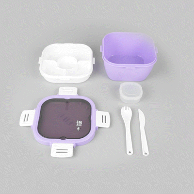 Bento Tek 58 oz Purple and White Lunch Box - BPA-Free, Microwave-Safe, with Fork and Knife - 7 1/4" x 7 1/4" x 4 1/4" - 10 count box