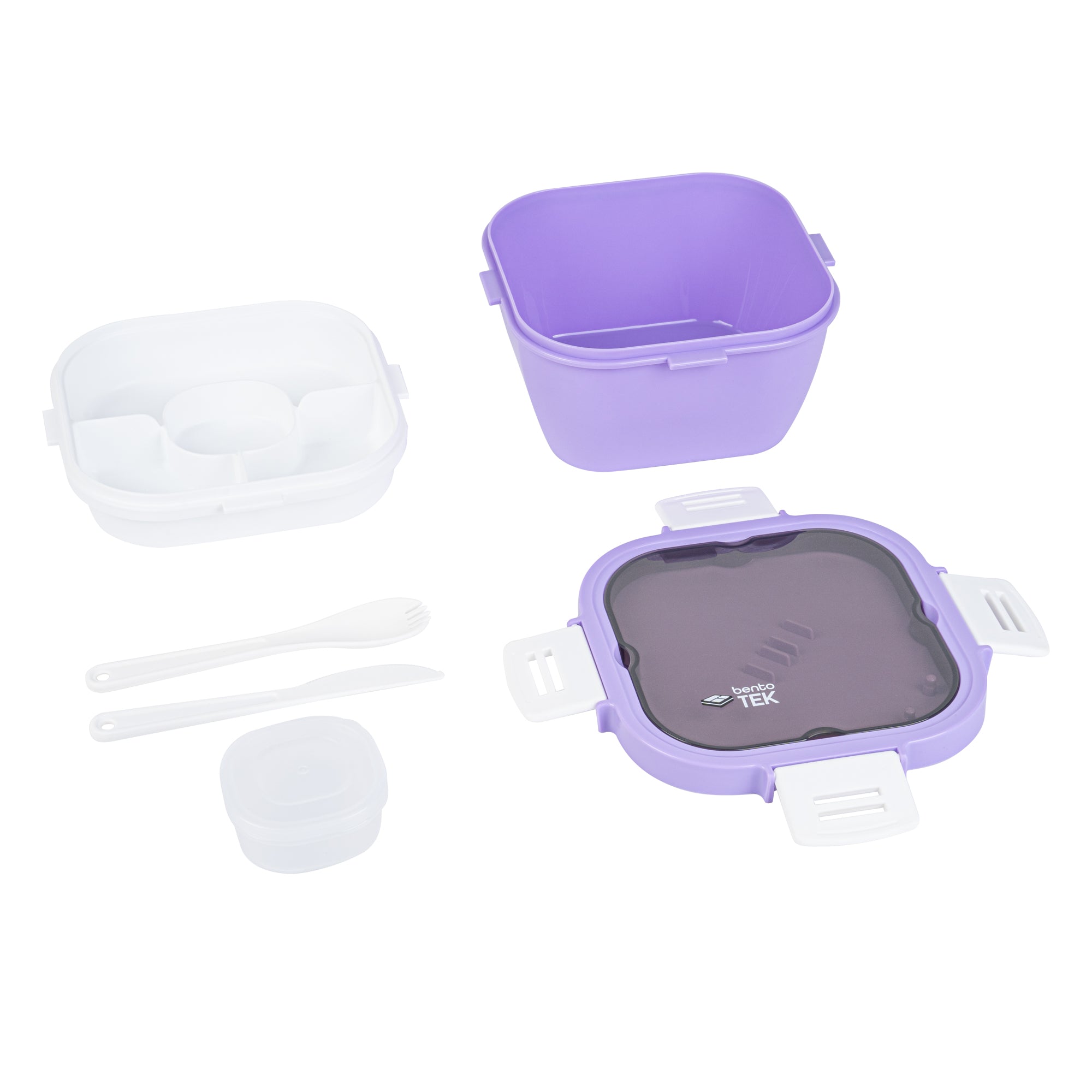 Bento Tek 58 oz Purple and White Lunch Box - BPA-Free, Microwave-Safe, with Fork and Knife - 7 1/4" x 7 1/4" x 4 1/4" - 10 count box