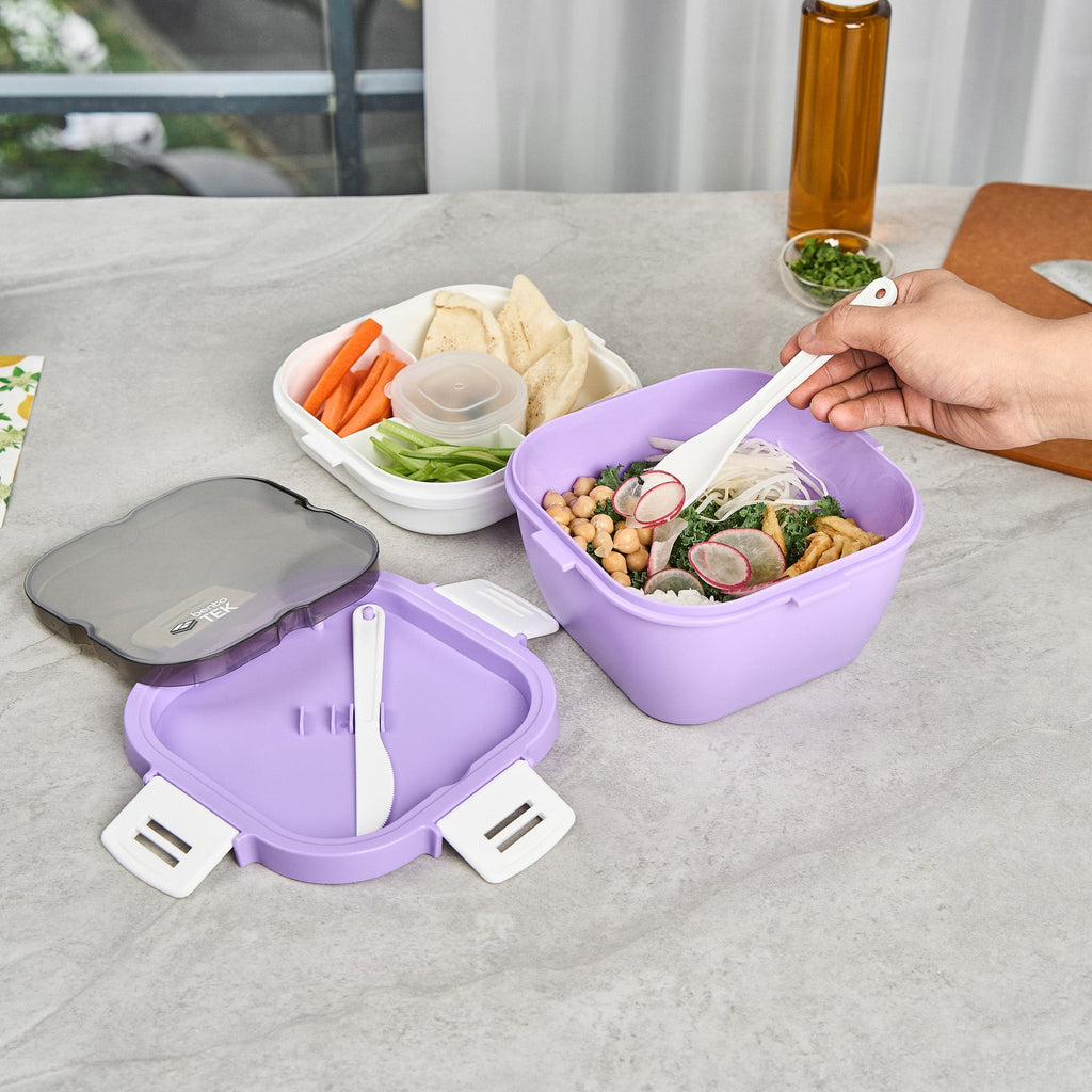 Bento Tek 58 oz Purple and White Lunch Box - BPA-Free, Microwave-Safe, with Fork and Knife - 7 1/4" x 7 1/4" x 4 1/4" - 10 count box