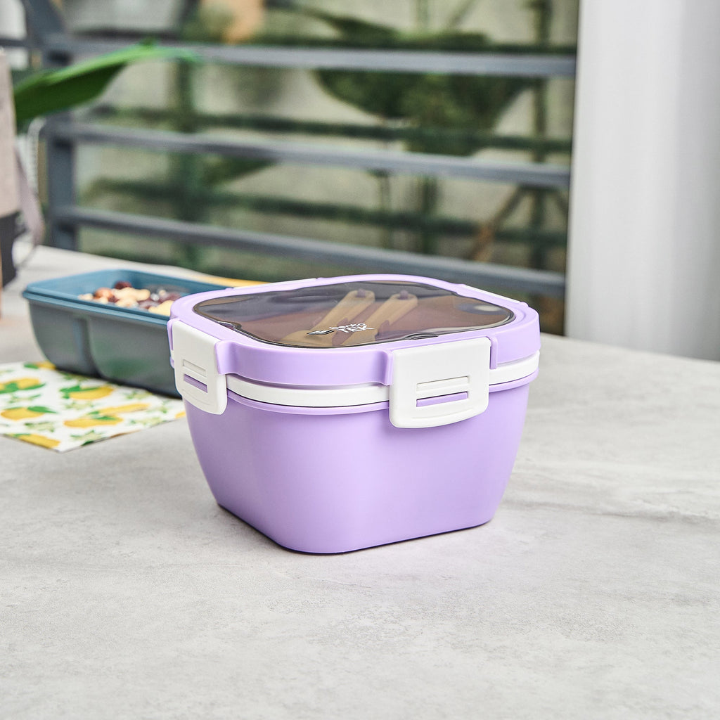 Bento Tek 58 oz Purple and White Lunch Box - BPA-Free, Microwave-Safe, with Fork and Knife - 7 1/4" x 7 1/4" x 4 1/4" - 10 count box