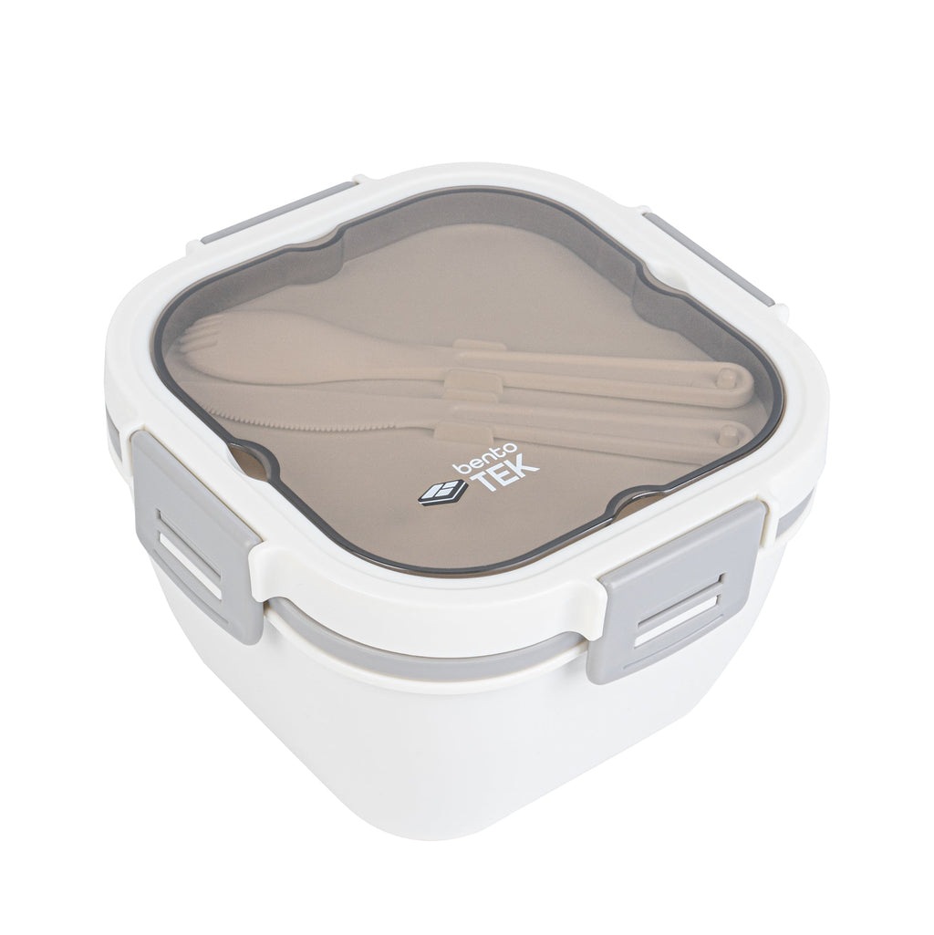 Bento Tek 58 oz White and Gray Lunch Box - BPA-Free, Microwave-Safe, with Fork and Knife - 7 1/4" x 7 1/4" x 4 1/4" - 1 count box