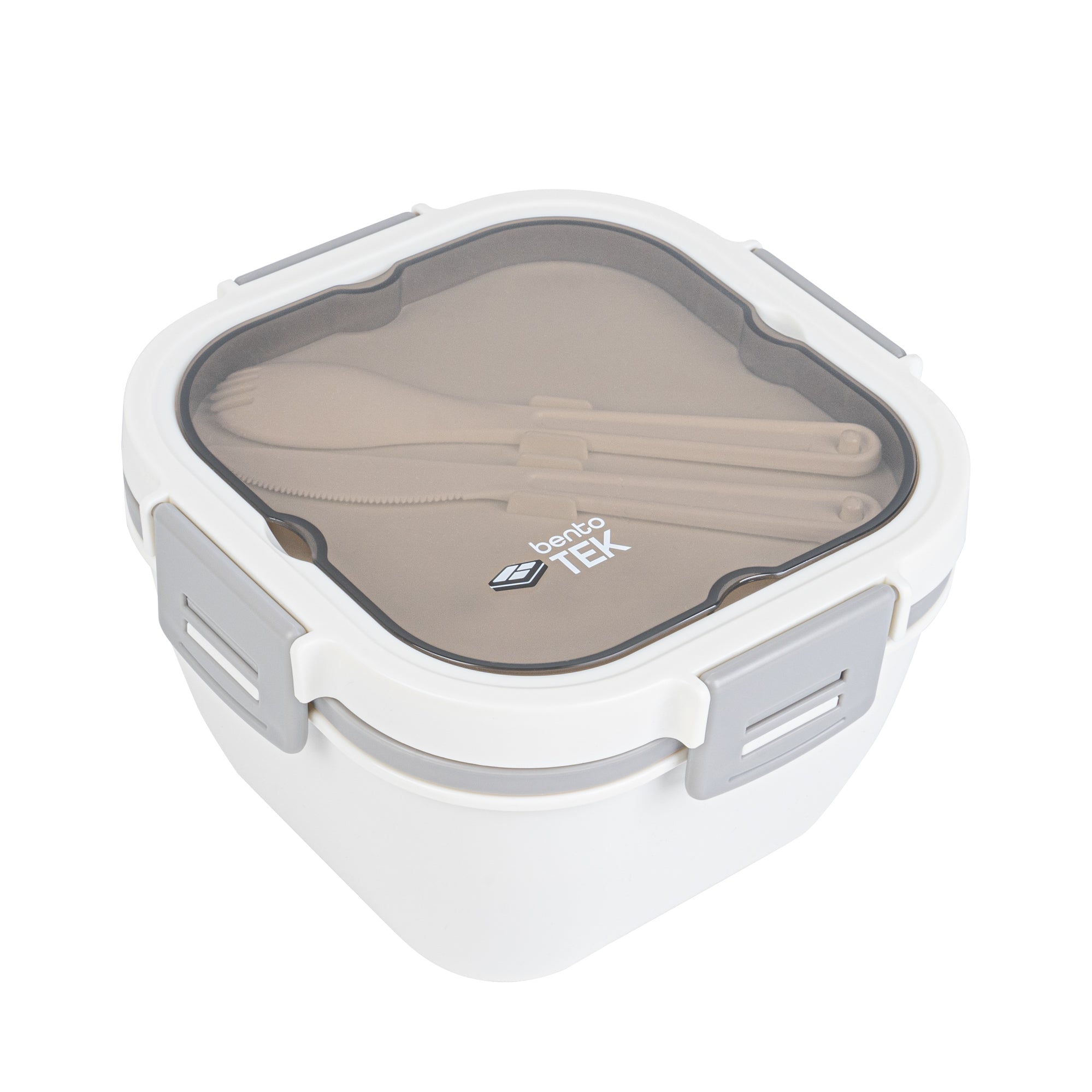 Bento Tek 58 oz White and Gray Lunch Box - BPA-Free, Microwave-Safe, with Fork and Knife - 7 1/4" x 7 1/4" x 4 1/4" - 1 count box