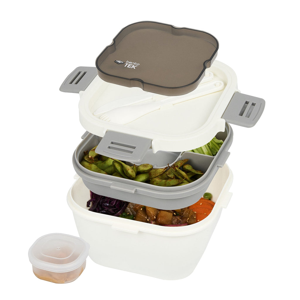 Bento Tek 58 oz White and Gray Lunch Box - BPA-Free, Microwave-Safe, with Fork and Knife - 7 1/4" x 7 1/4" x 4 1/4" - 1 count box