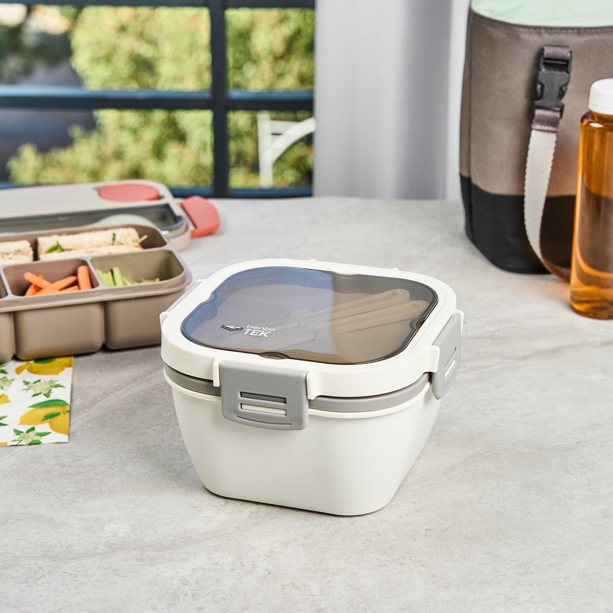 Bento Tek 58 oz White and Gray Lunch Box - BPA-Free, Microwave-Safe, with Fork and Knife - 7 1/4" x 7 1/4" x 4 1/4" - 1 count box