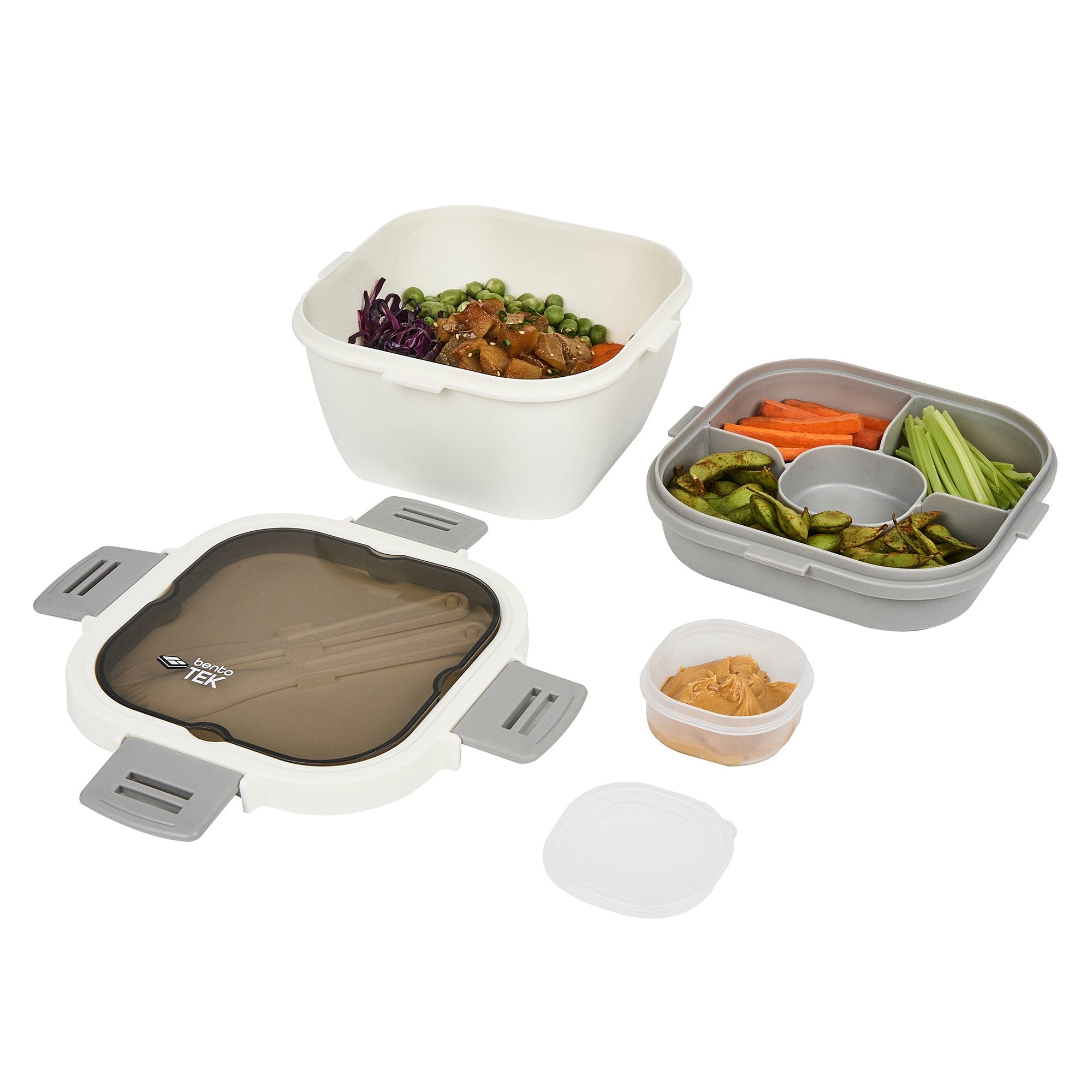 Bento Tek 58 oz White and Gray Lunch Box - BPA-Free, Microwave-Safe, with Fork and Knife - 7 1/4" x 7 1/4" x 4 1/4" - 1 count box