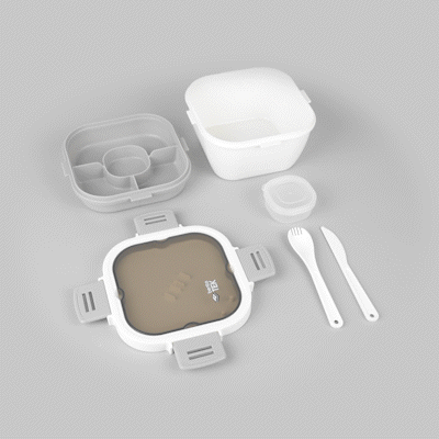 Bento Tek 58 oz White and Gray Lunch Box - BPA-Free, Microwave-Safe, with Fork and Knife - 7 1/4" x 7 1/4" x 4 1/4" - 1 count box