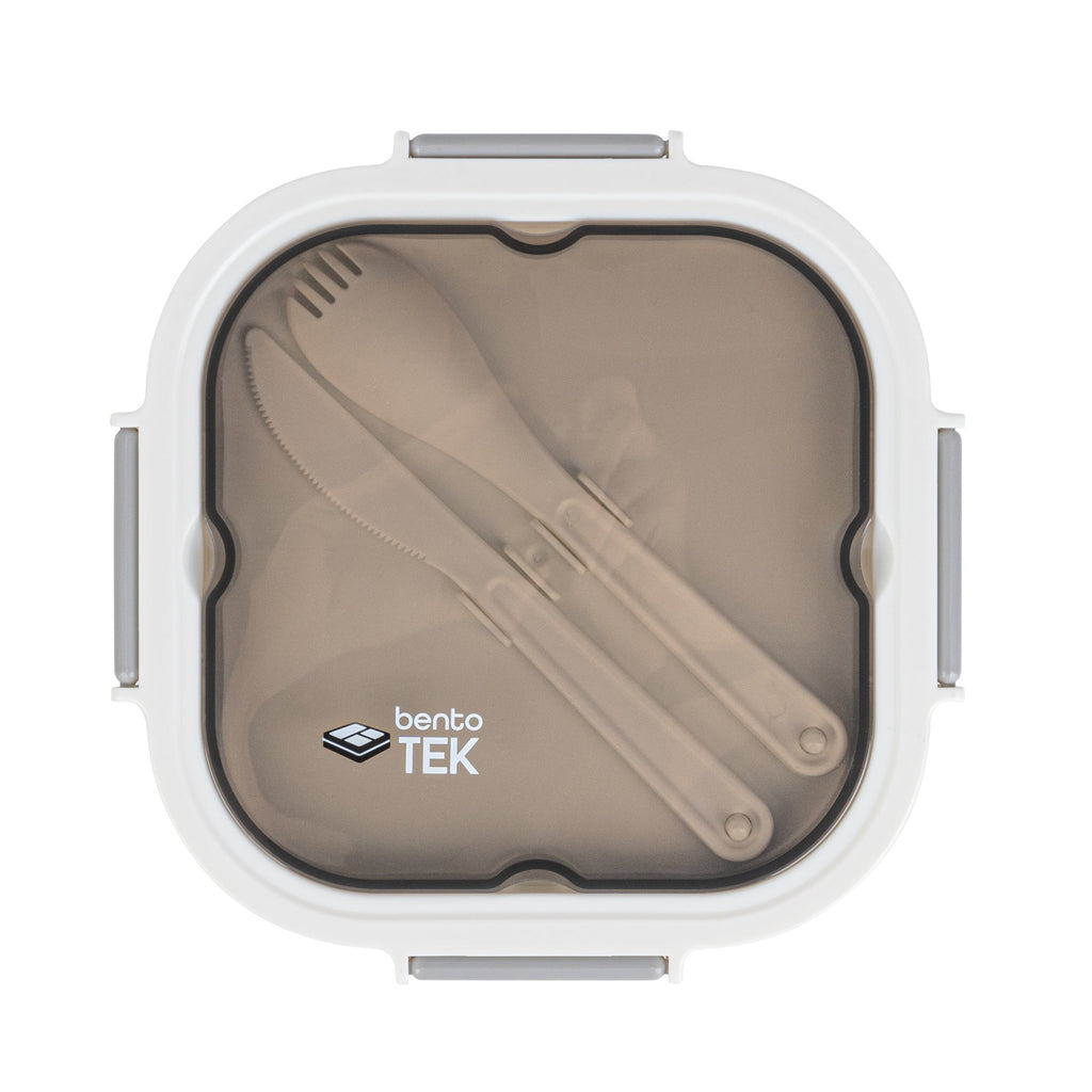 Bento Tek 58 oz White and Gray Lunch Box - BPA-Free, Microwave-Safe, with Fork and Knife - 7 1/4" x 7 1/4" x 4 1/4" - 1 count box