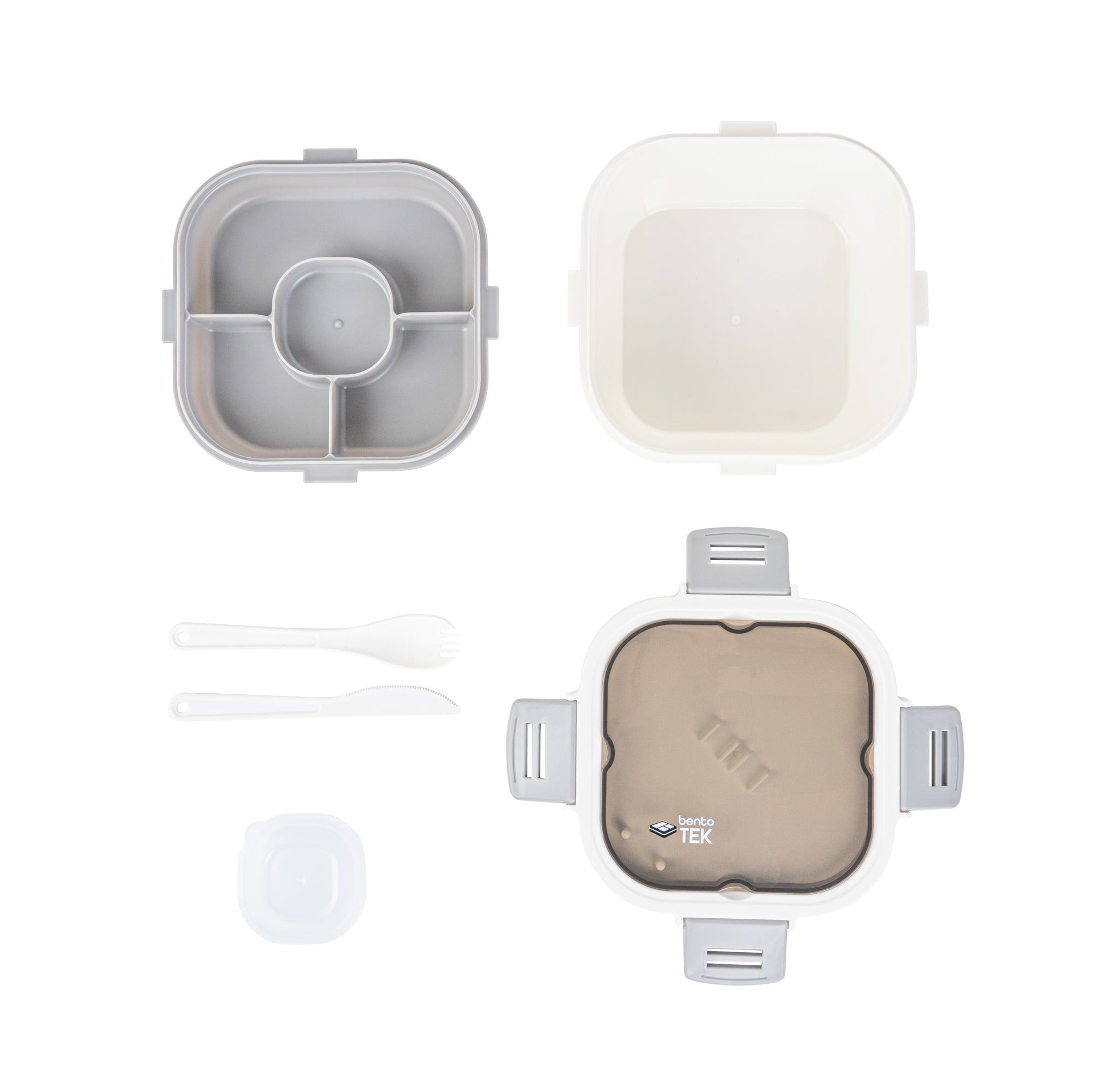 Bento Tek 58 oz White and Gray Lunch Box - BPA-Free, Microwave-Safe, with Fork and Knife - 7 1/4" x 7 1/4" x 4 1/4" - 1 count box