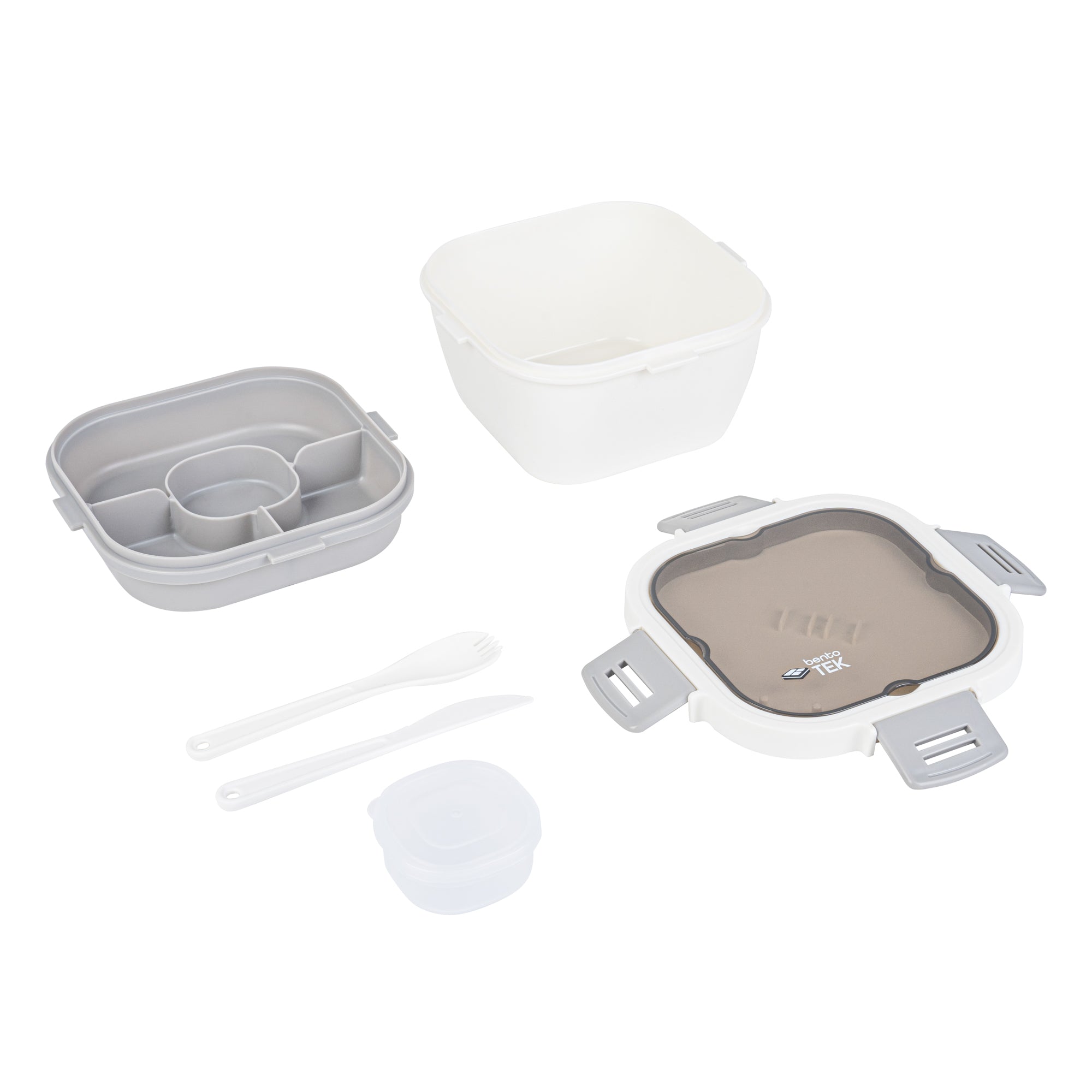 Bento Tek 58 oz White and Gray Lunch Box - BPA-Free, Microwave-Safe, with Fork and Knife - 7 1/4" x 7 1/4" x 4 1/4" - 1 count box