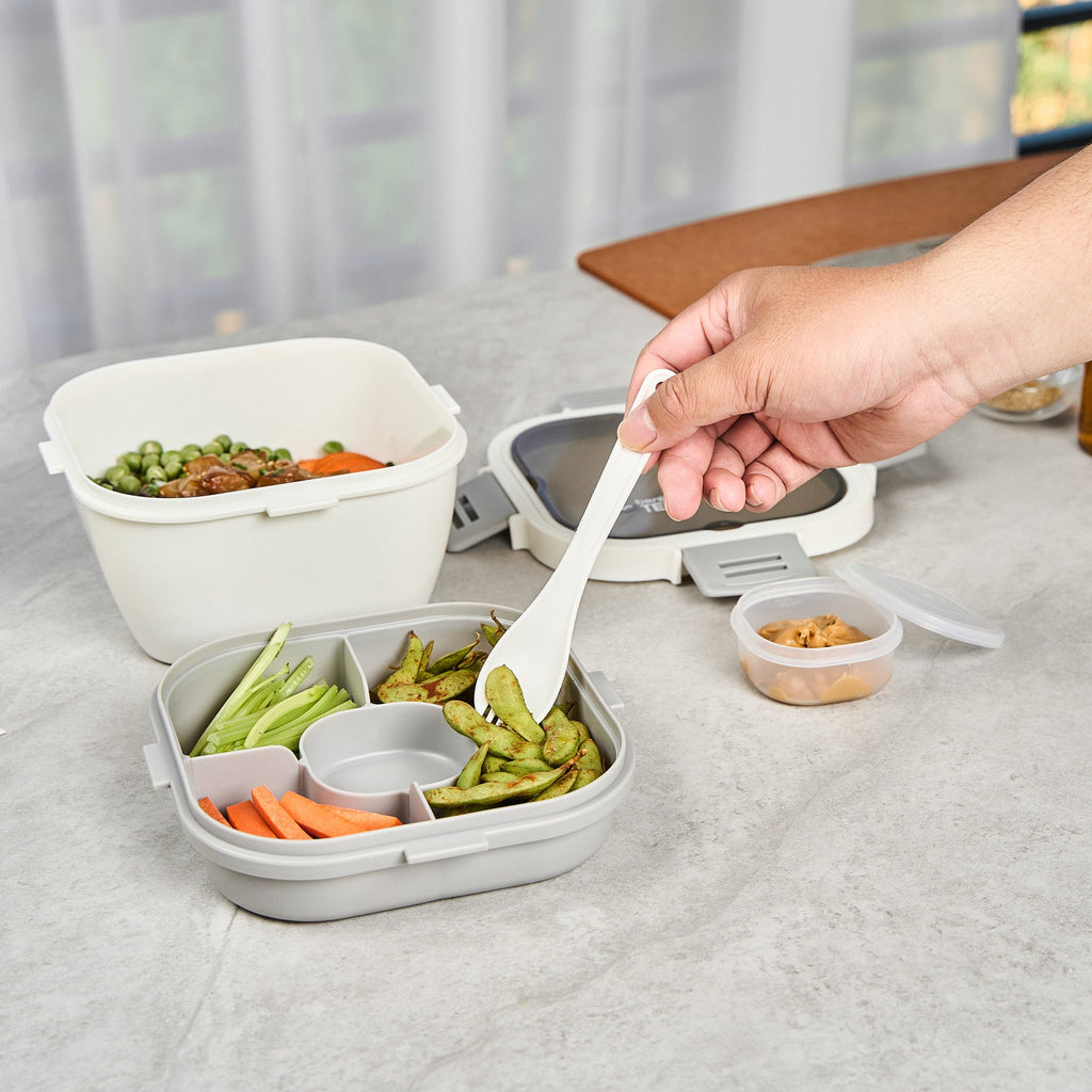 Bento Tek 58 oz White and Gray Lunch Box - BPA-Free, Microwave-Safe, with Fork and Knife - 7 1/4" x 7 1/4" x 4 1/4" - 1 count box