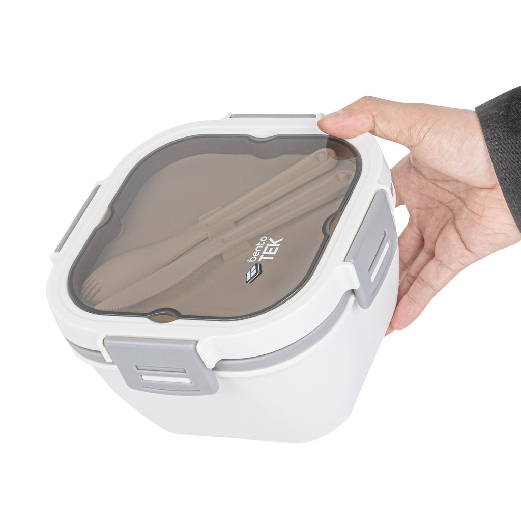 Bento Tek 58 oz White and Gray Lunch Box - BPA-Free, Microwave-Safe, with Fork and Knife - 7 1/4" x 7 1/4" x 4 1/4" - 10 count box