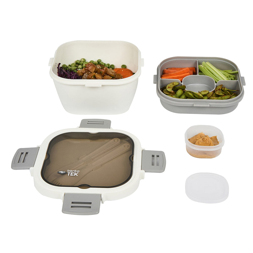 Bento Tek 58 oz White and Gray Lunch Box - BPA-Free, Microwave-Safe, with Fork and Knife - 7 1/4" x 7 1/4" x 4 1/4" - 10 count box