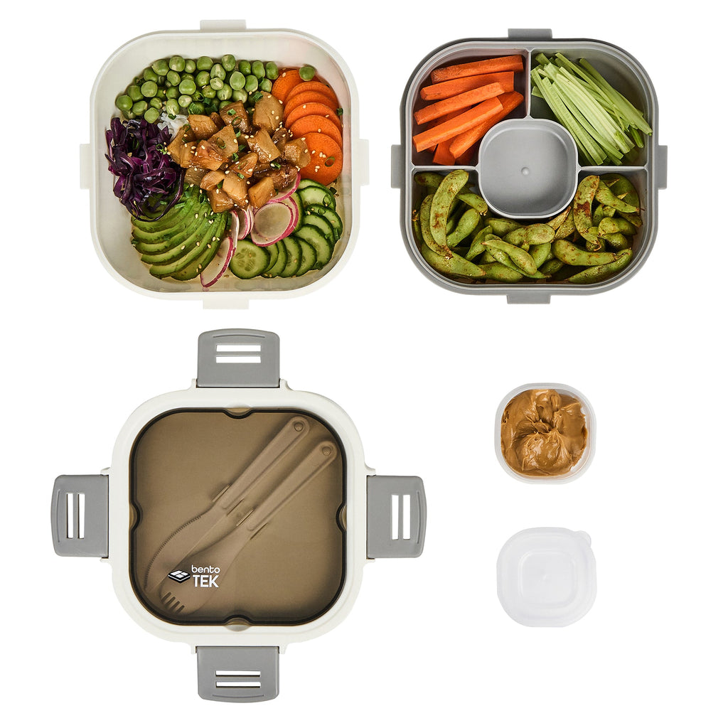 Bento Tek 58 oz White and Gray Lunch Box - BPA-Free, Microwave-Safe, with Fork and Knife - 7 1/4" x 7 1/4" x 4 1/4" - 10 count box