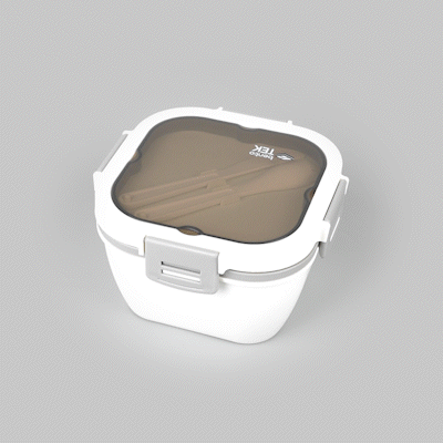 Bento Tek 58 oz White and Gray Lunch Box - BPA-Free, Microwave-Safe, with Fork and Knife - 7 1/4" x 7 1/4" x 4 1/4" - 10 count box