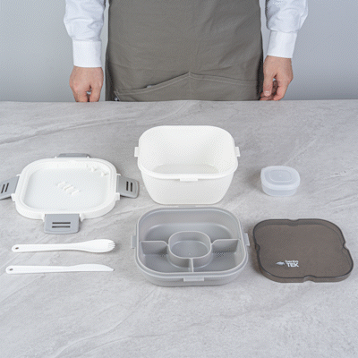 Bento Tek 58 oz White and Gray Lunch Box - BPA-Free, Microwave-Safe, with Fork and Knife - 7 1/4" x 7 1/4" x 4 1/4" - 10 count box