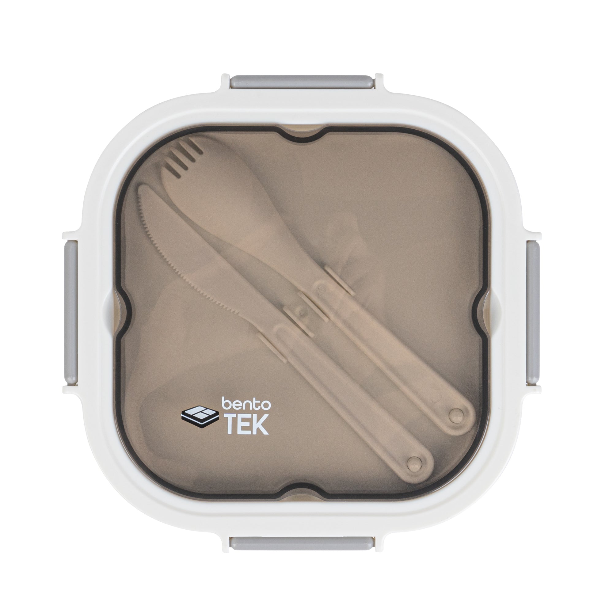 Bento Tek 58 oz White and Gray Lunch Box - BPA-Free, Microwave-Safe, with Fork and Knife - 7 1/4" x 7 1/4" x 4 1/4" - 10 count box