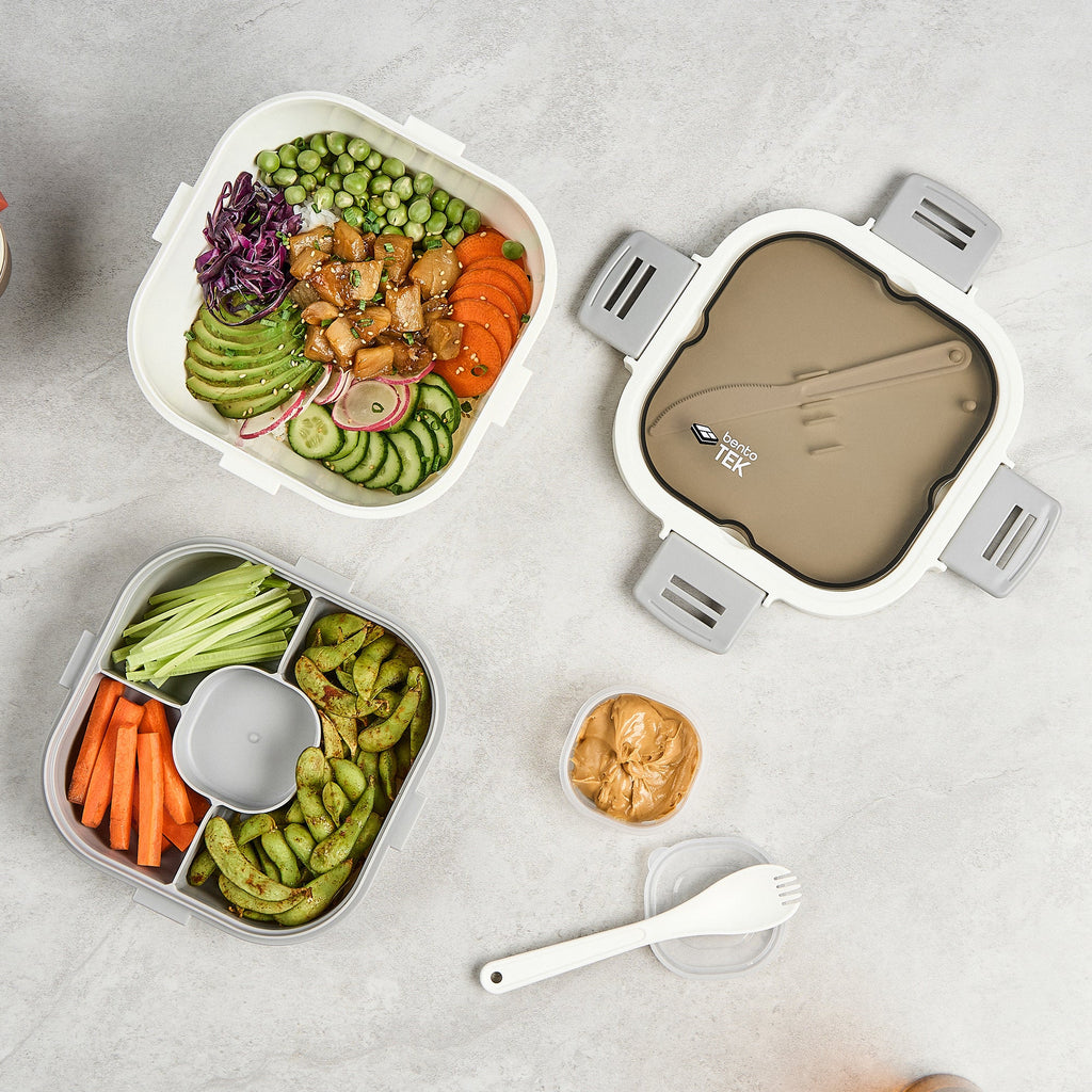 Bento Tek 58 oz White and Gray Lunch Box - BPA-Free, Microwave-Safe, with Fork and Knife - 7 1/4" x 7 1/4" x 4 1/4" - 10 count box