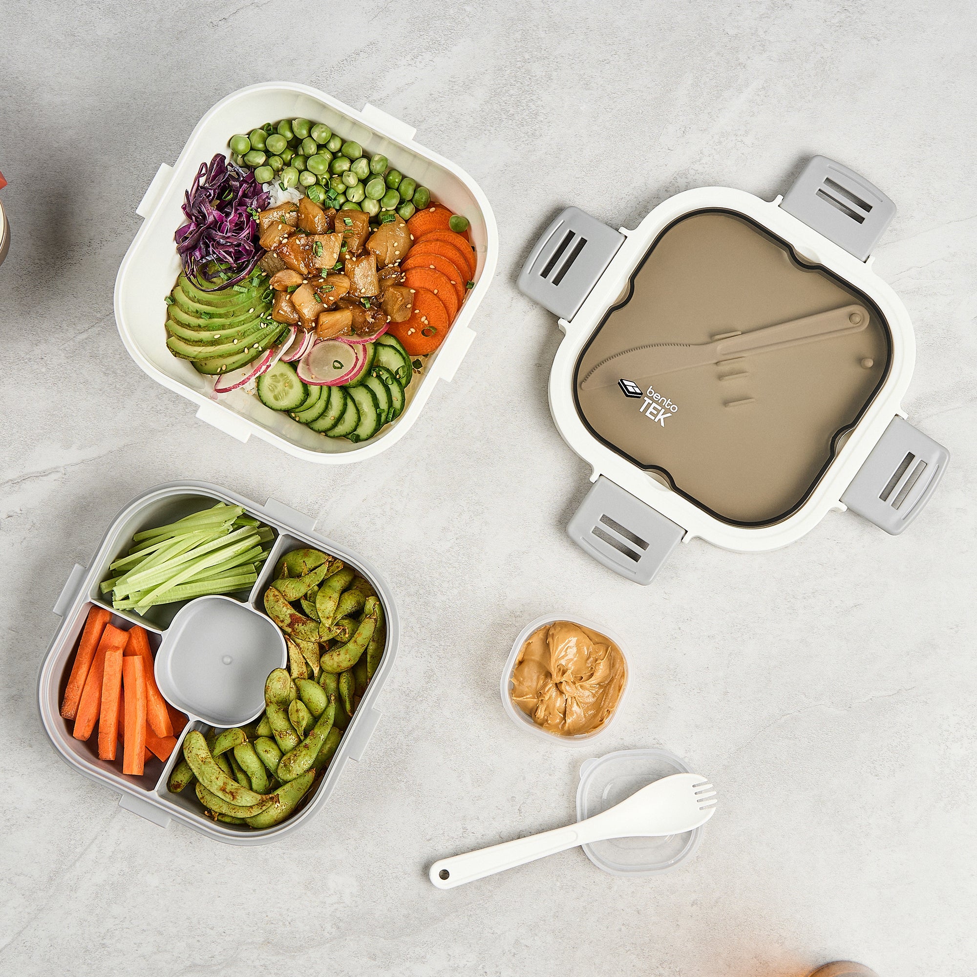 Bento Tek 58 oz White and Gray Lunch Box - BPA-Free, Microwave-Safe, with Fork and Knife - 7 1/4" x 7 1/4" x 4 1/4" - 10 count box