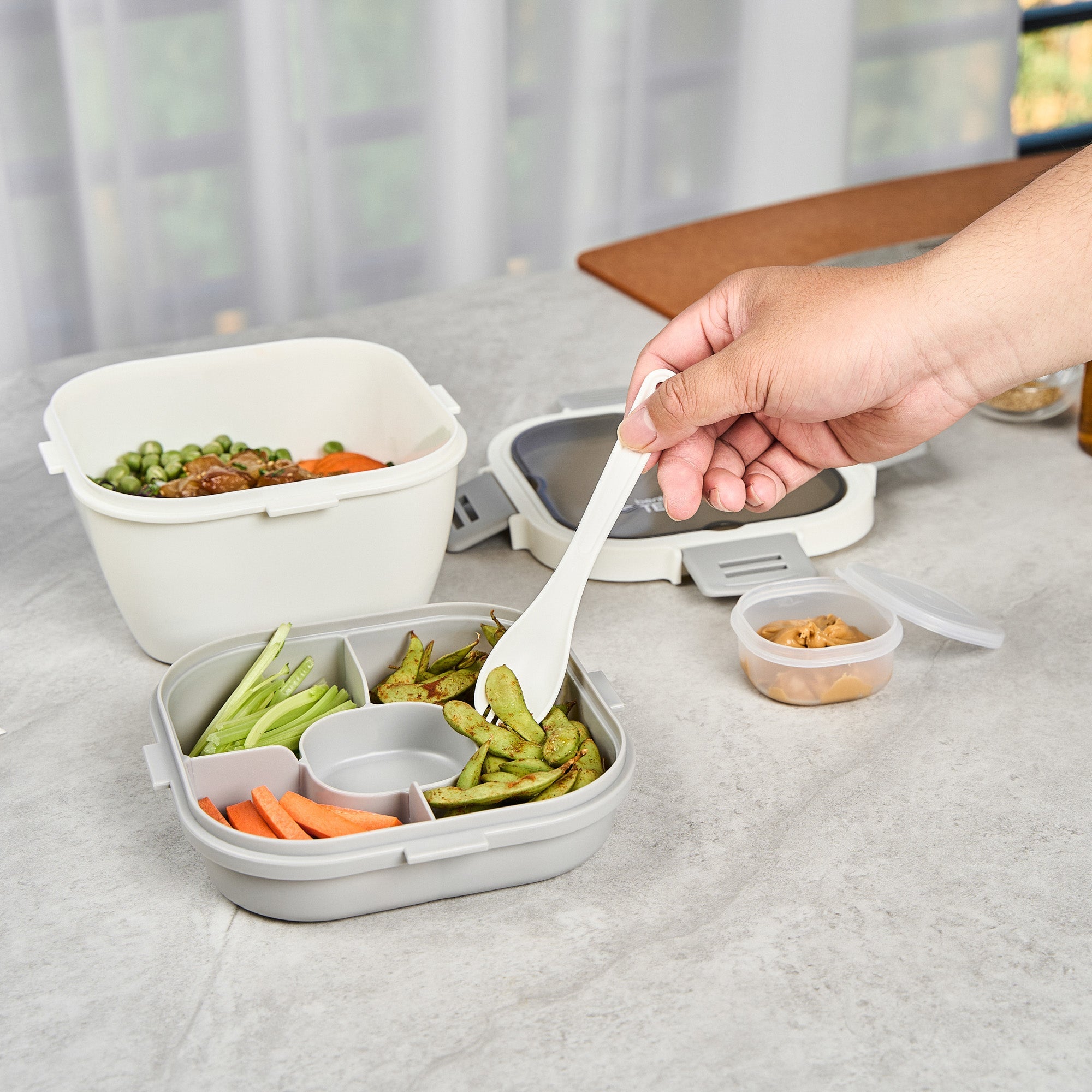 Bento Tek 58 oz White and Gray Lunch Box - BPA-Free, Microwave-Safe, with Fork and Knife - 7 1/4" x 7 1/4" x 4 1/4" - 10 count box