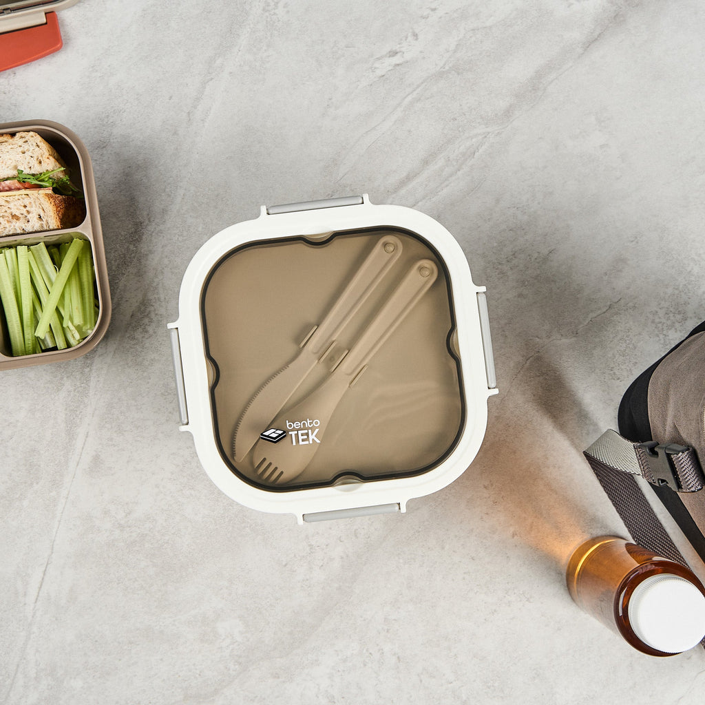 Bento Tek 58 oz White and Gray Lunch Box - BPA-Free, Microwave-Safe, with Fork and Knife - 7 1/4" x 7 1/4" x 4 1/4" - 10 count box