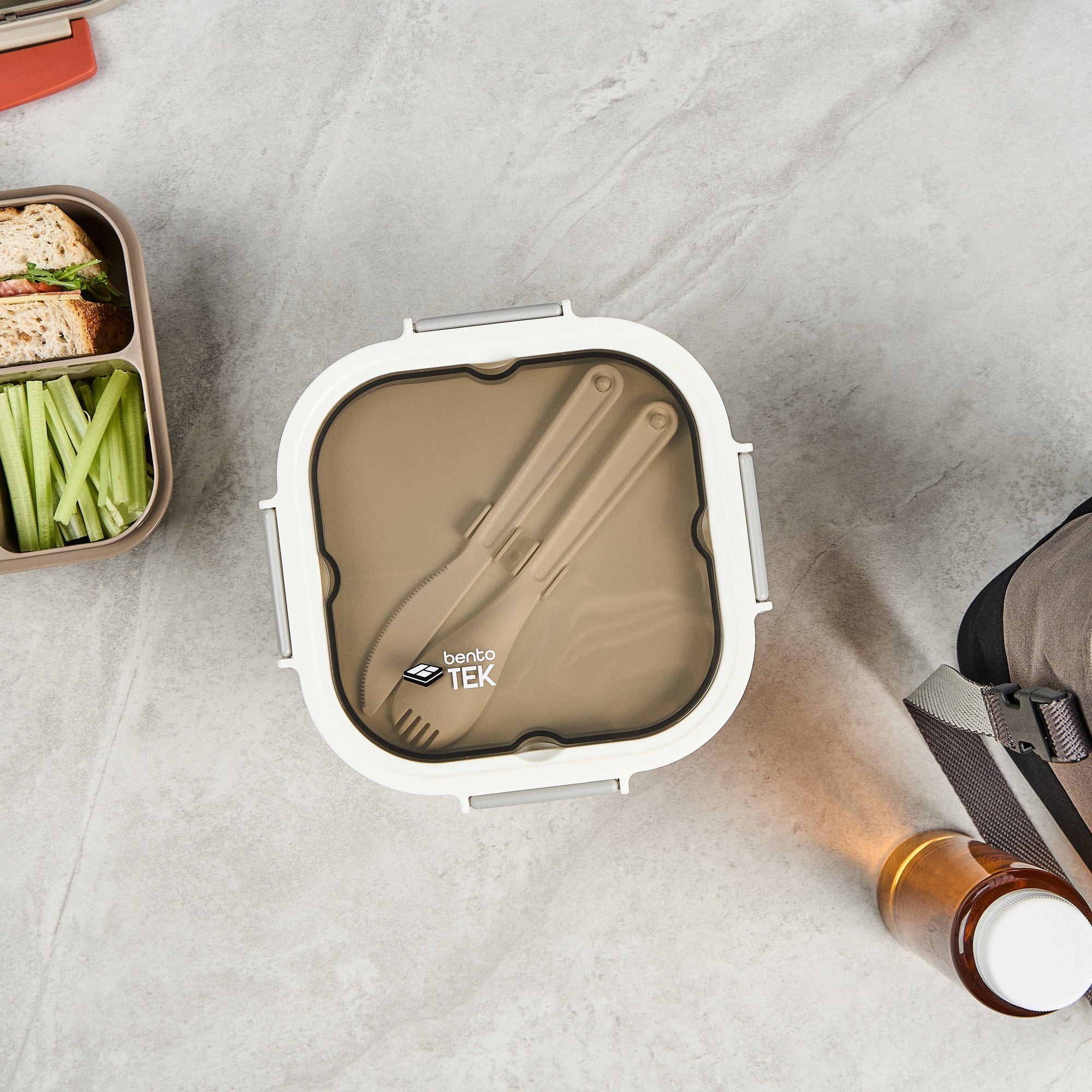Bento Tek 58 oz White and Gray Lunch Box - BPA-Free, Microwave-Safe, with Fork and Knife - 7 1/4" x 7 1/4" x 4 1/4" - 10 count box