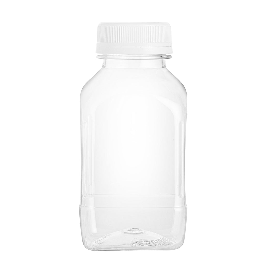 Bottle Tek 10 Square Clear 8 oz Plastic Juice Bottles with Safety Caps - Includes 10 Labels, 1 Funnel and 1 Cleaning Brush