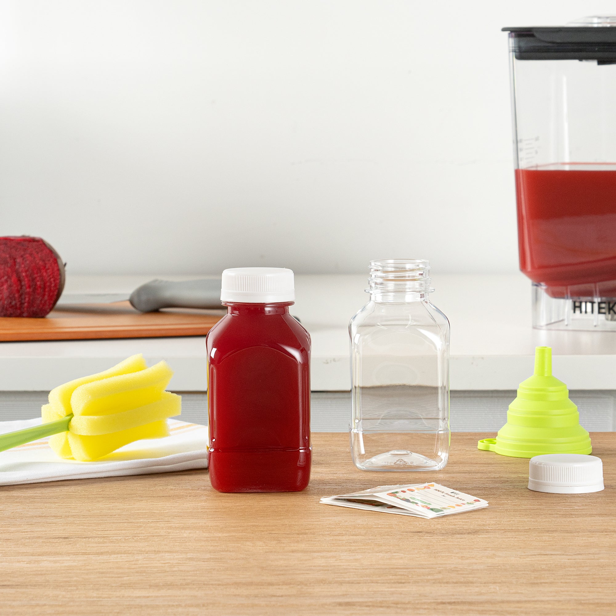Bottle Tek 10 Square Clear 8 oz Plastic Juice Bottles with Safety Caps - Includes 10 Labels, 1 Funnel and 1 Cleaning Brush