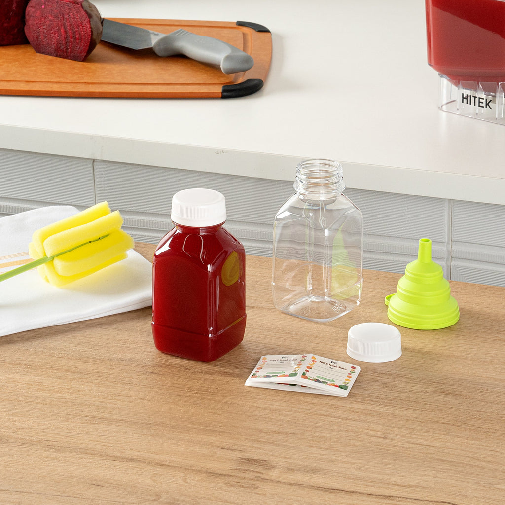 Bottle Tek 10 Square Clear 8 oz Plastic Juice Bottles with Safety Caps - Includes 10 Labels, 1 Funnel and 1 Cleaning Brush