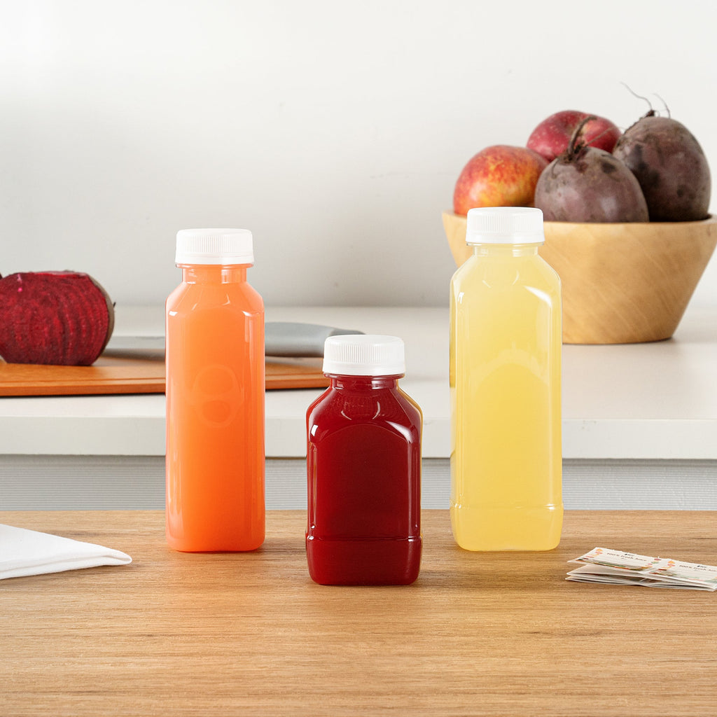 Bottle Tek 10 Square Clear 8 oz Plastic Juice Bottles with Safety Caps - Includes 10 Labels, 1 Funnel and 1 Cleaning Brush