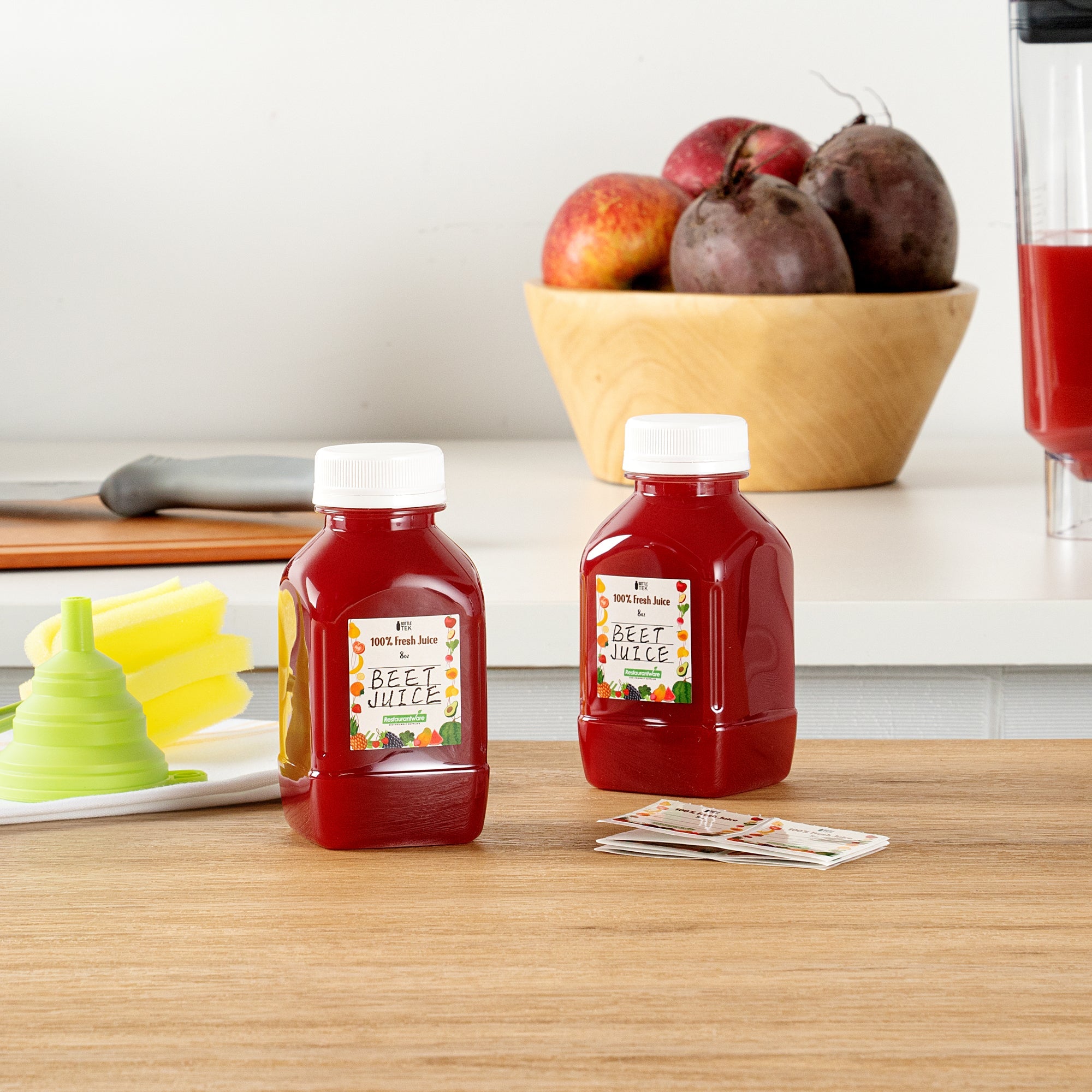 Bottle Tek 100 Square Clear 8 oz Plastic Juice Bottles with Safety Caps - Includes 100 Labels, 10 Funnels and 10 Cleaning Brushes