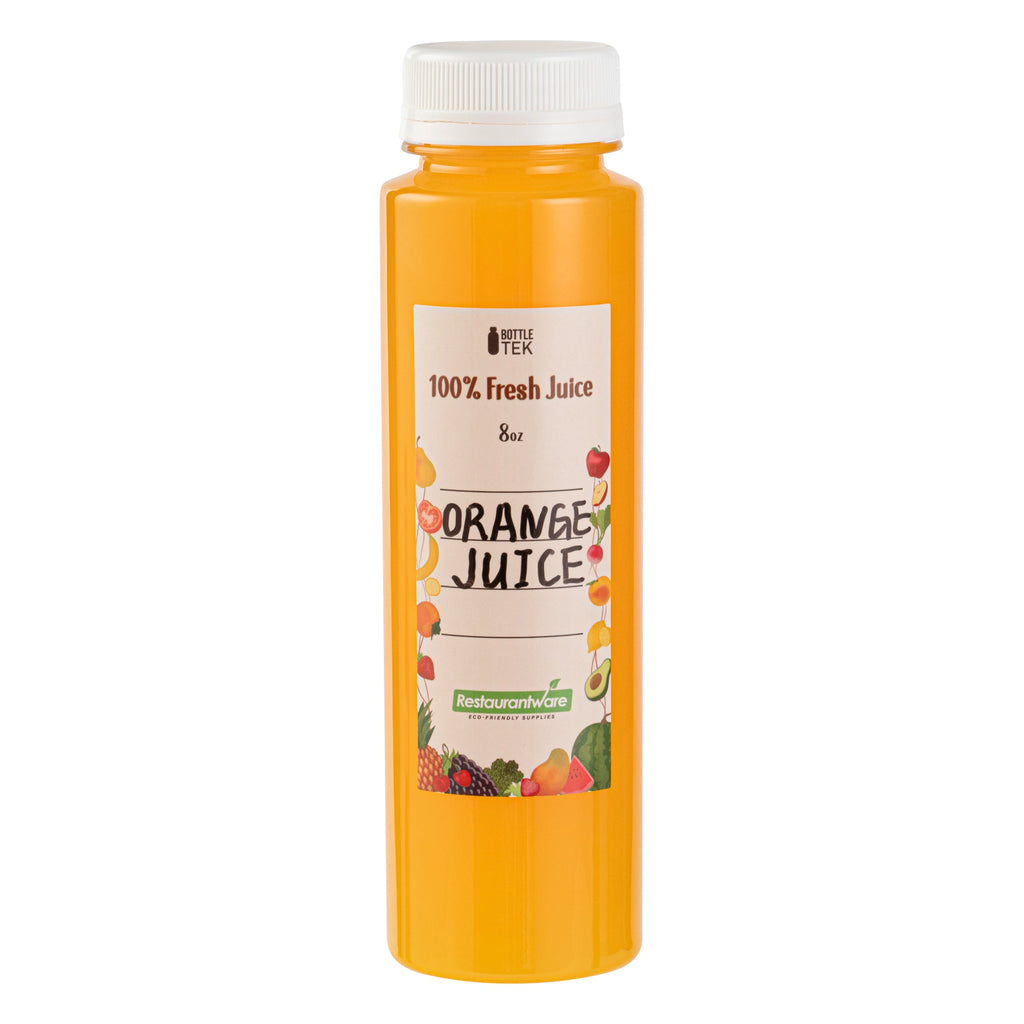 Bottle Tek 10 Round Clear 8 oz Plastic Juice Bottles with Safety Caps - Includes 10 Labels, 1 Funnel and 1 Cleaning Brush