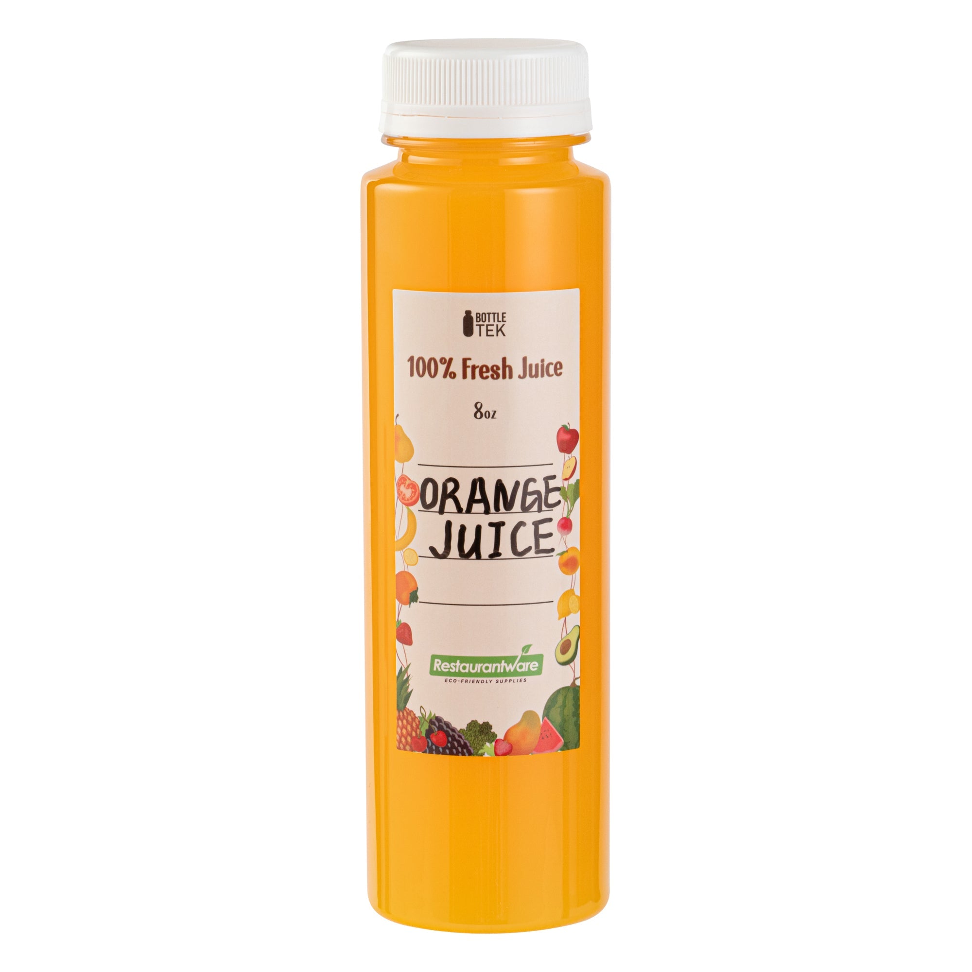 Bottle Tek 10 Round Clear 8 oz Plastic Juice Bottles with Safety Caps - Includes 10 Labels, 1 Funnel and 1 Cleaning Brush