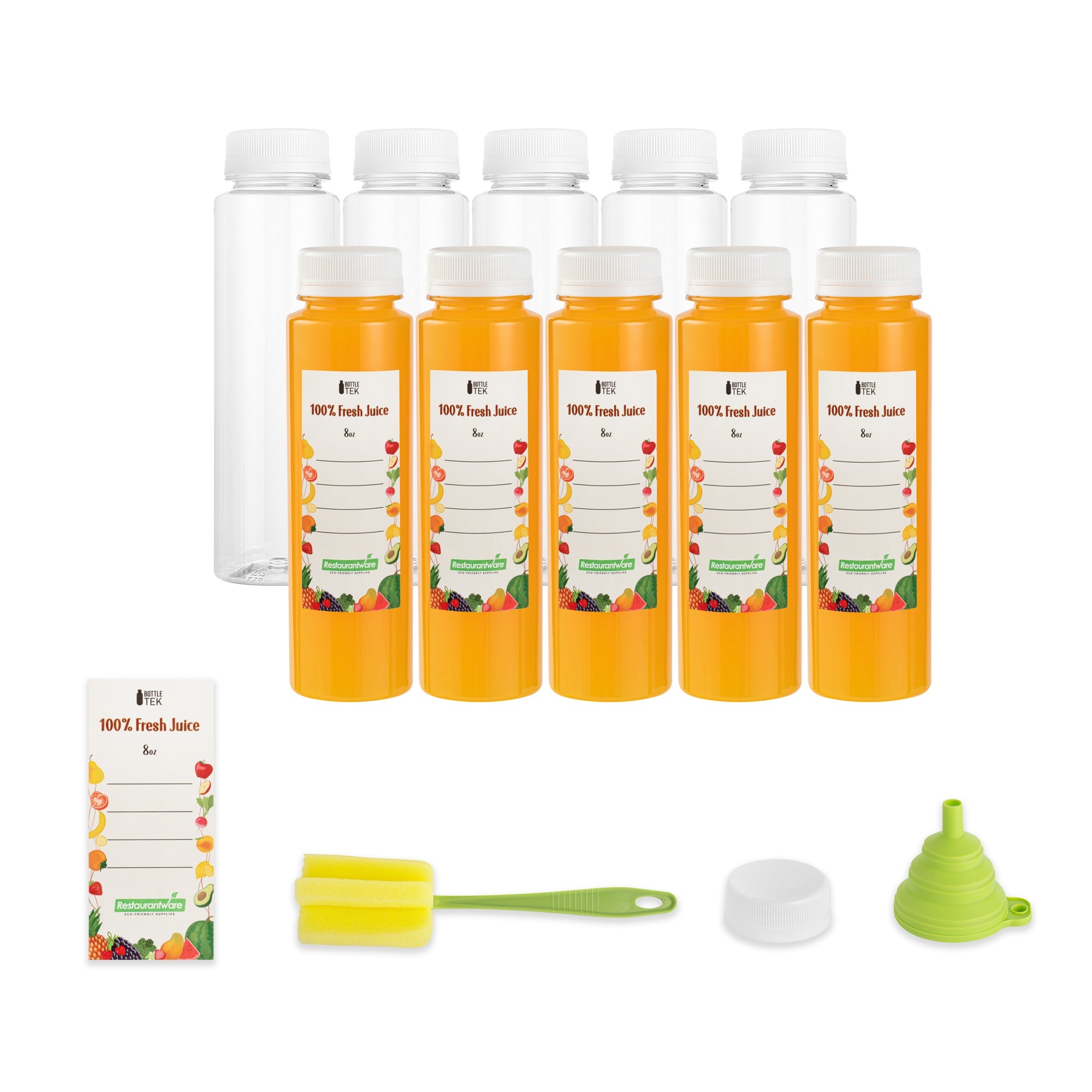 Bottle Tek 10 Round Clear 8 oz Plastic Juice Bottles with Safety Caps - Includes 10 Labels, 1 Funnel and 1 Cleaning Brush
