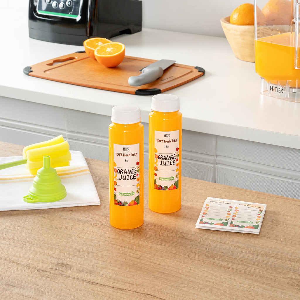 Bottle Tek 10 Round Clear 8 oz Plastic Juice Bottles with Safety Caps - Includes 10 Labels, 1 Funnel and 1 Cleaning Brush