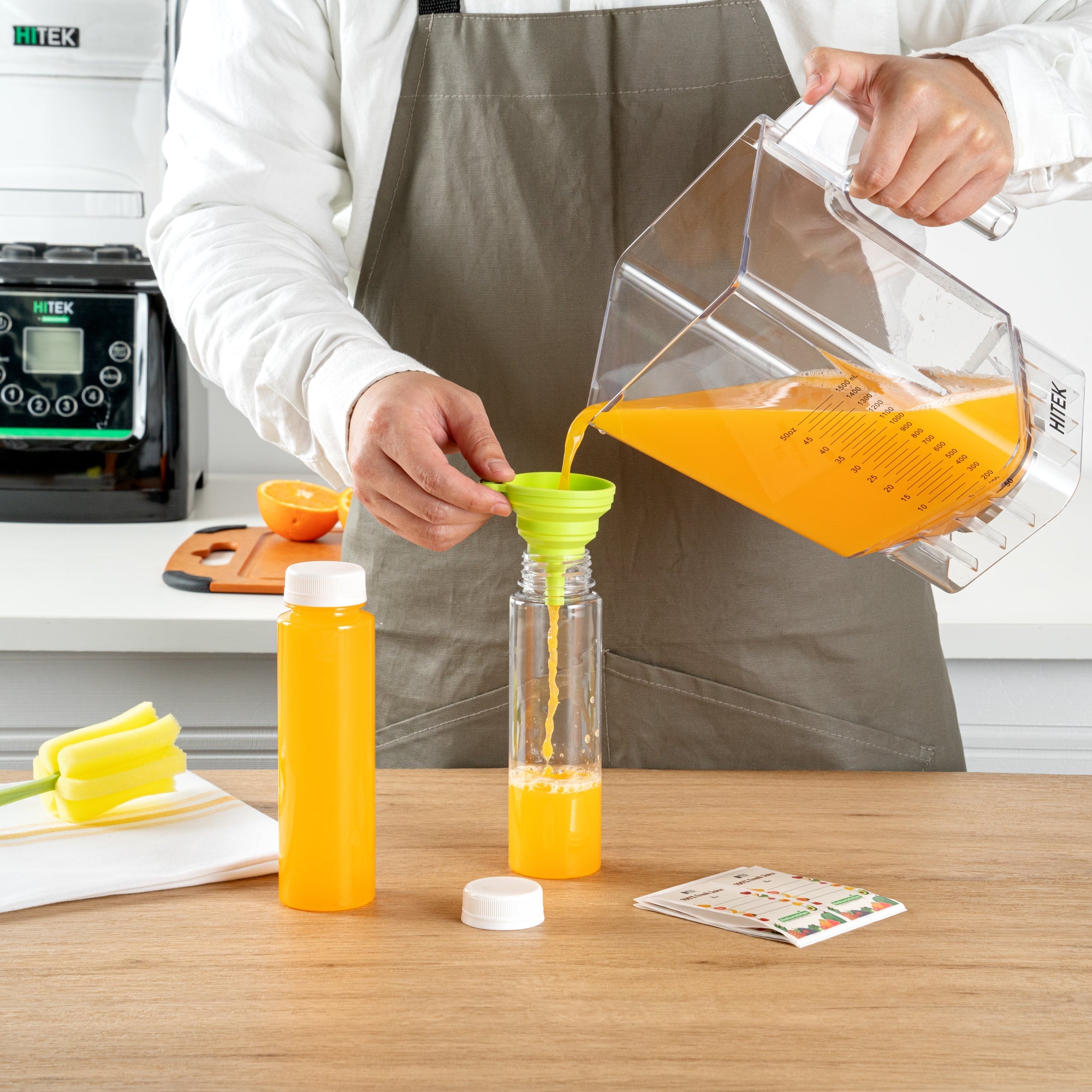 Bottle Tek 10 Round Clear 8 oz Plastic Juice Bottles with Safety Caps - Includes 10 Labels, 1 Funnel and 1 Cleaning Brush