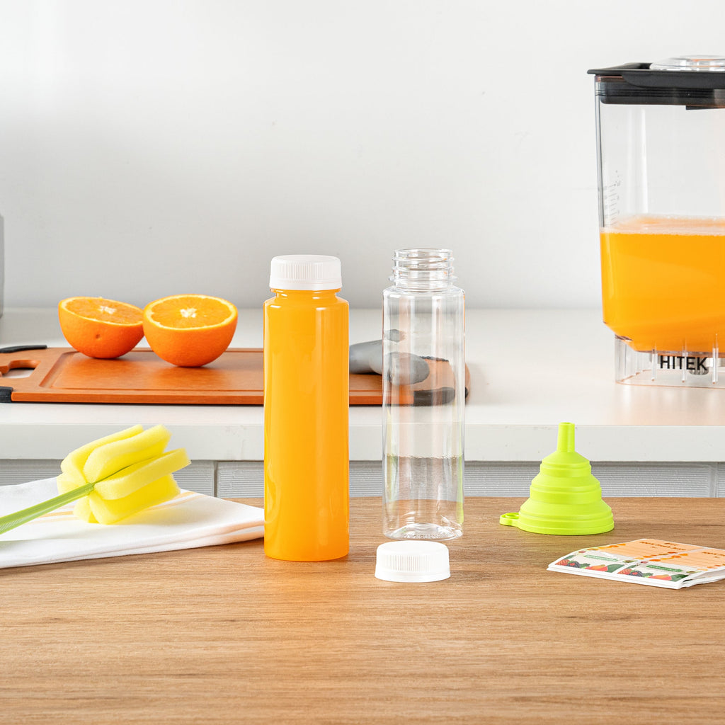 Bottle Tek 10 Round Clear 8 oz Plastic Juice Bottles with Safety Caps - Includes 10 Labels, 1 Funnel and 1 Cleaning Brush