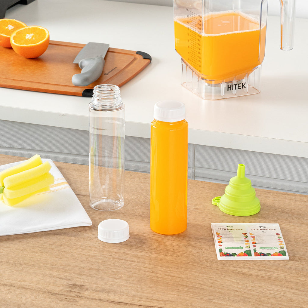 Bottle Tek 10 Round Clear 8 oz Plastic Juice Bottles with Safety Caps - Includes 10 Labels, 1 Funnel and 1 Cleaning Brush
