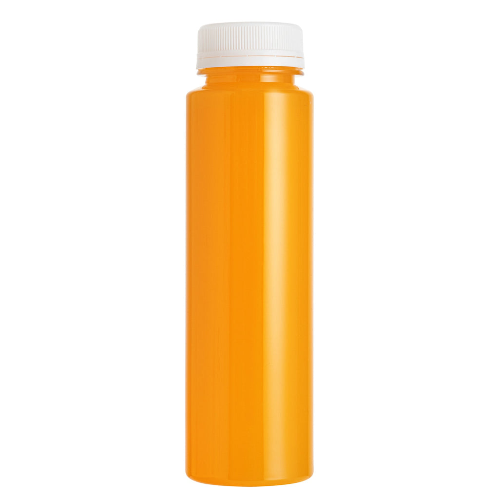 Bottle Tek 100 Round Clear 8 oz Plastic Juice Bottles with Safety Caps - Includes 100 Labels, 10 Funnels and 10 Cleaning Brushes