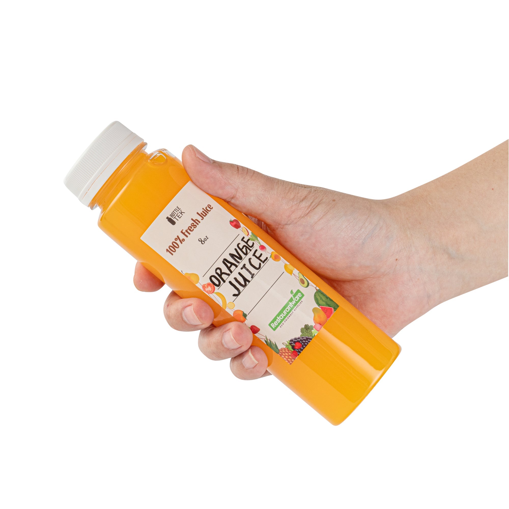 Bottle Tek 100 Round Clear 8 oz Plastic Juice Bottles with Safety Caps - Includes 100 Labels, 10 Funnels and 10 Cleaning Brushes