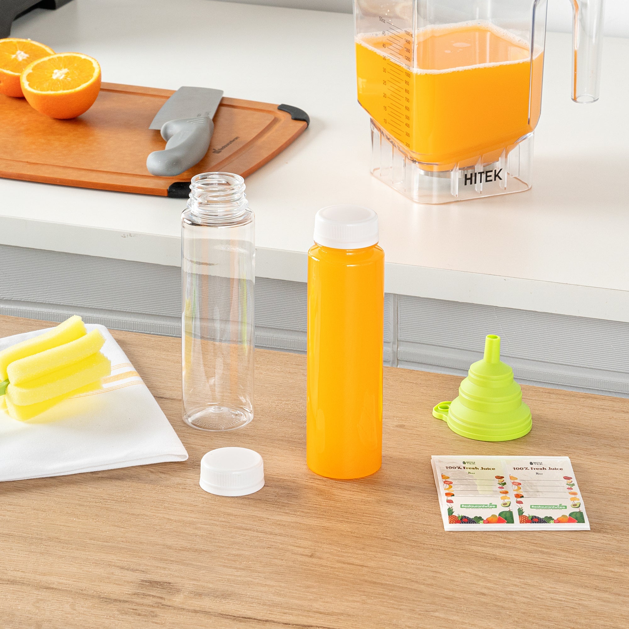 Bottle Tek 100 Round Clear 8 oz Plastic Juice Bottles with Safety Caps - Includes 100 Labels, 10 Funnels and 10 Cleaning Brushes