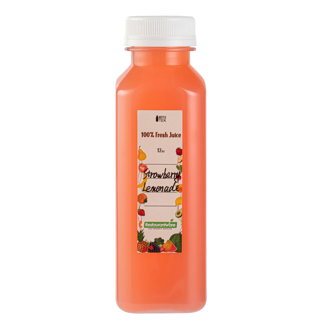 Bottle Tek 10 Square Clear 12 oz Plastic Juice Bottles with Safety Caps - Includes 10 Labels, 1 Funnel and 1 Cleaning Brush