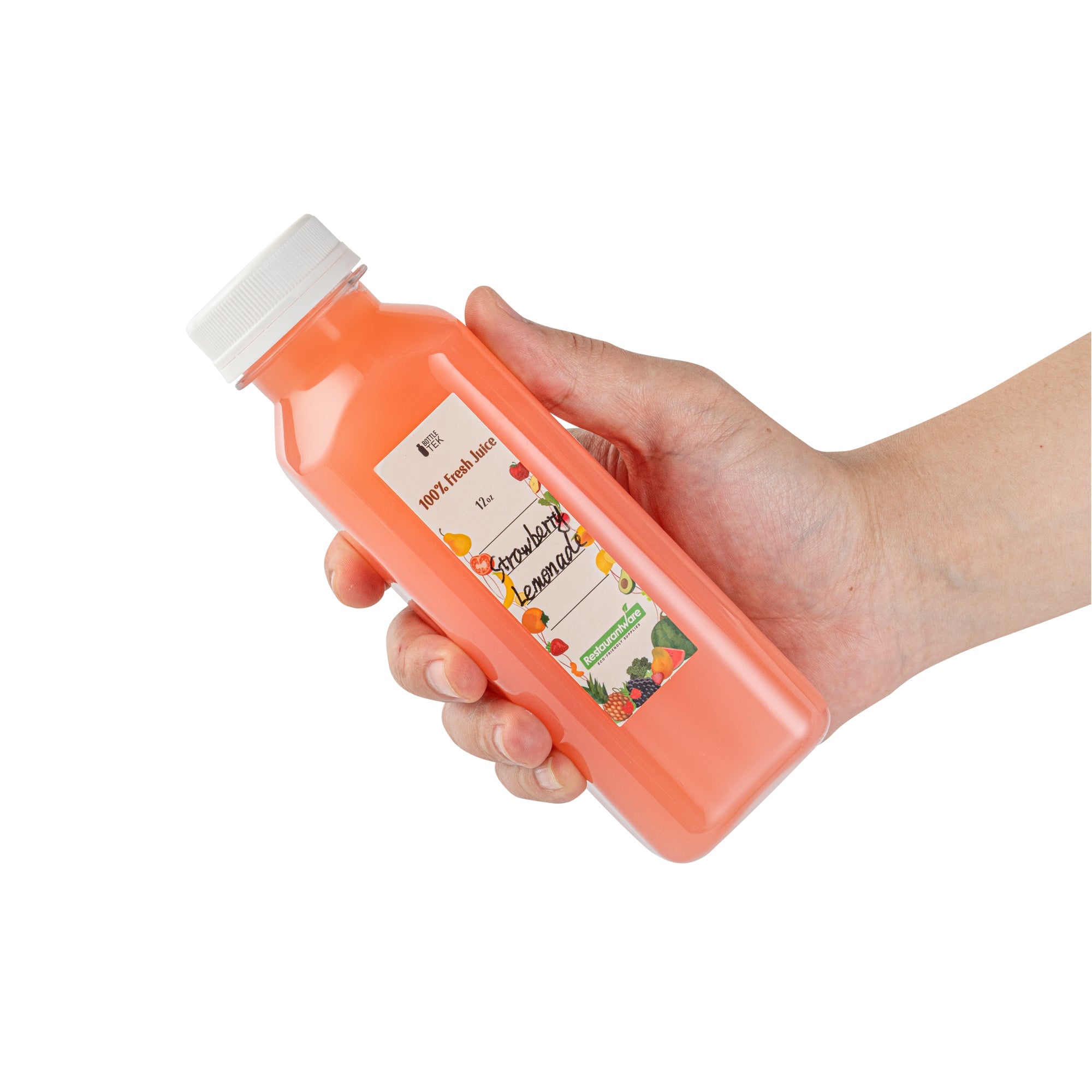Bottle Tek 10 Square Clear 12 oz Plastic Juice Bottles with Safety Caps - Includes 10 Labels, 1 Funnel and 1 Cleaning Brush
