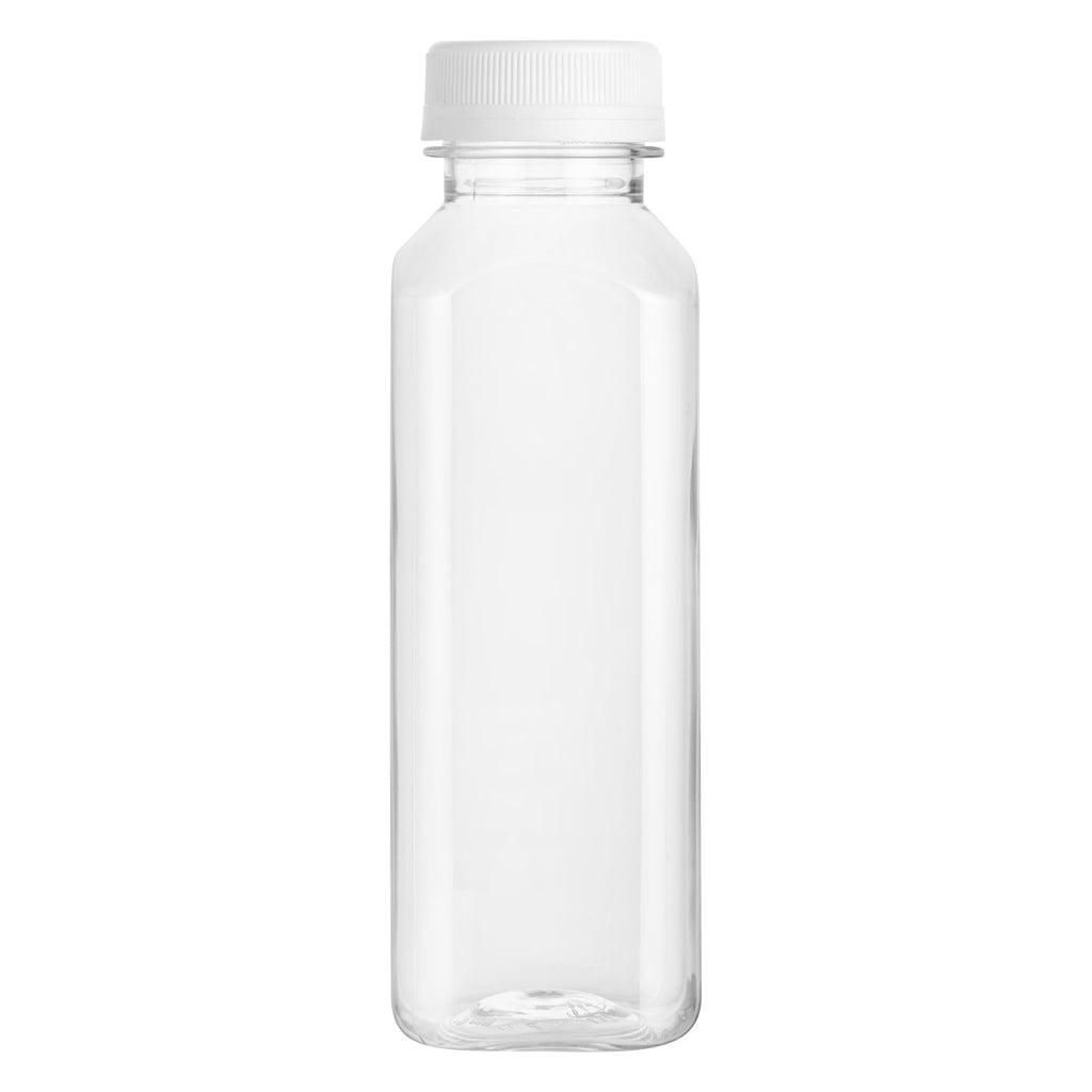 Bottle Tek 10 Square Clear 12 oz Plastic Juice Bottles with Safety Caps - Includes 10 Labels, 1 Funnel and 1 Cleaning Brush