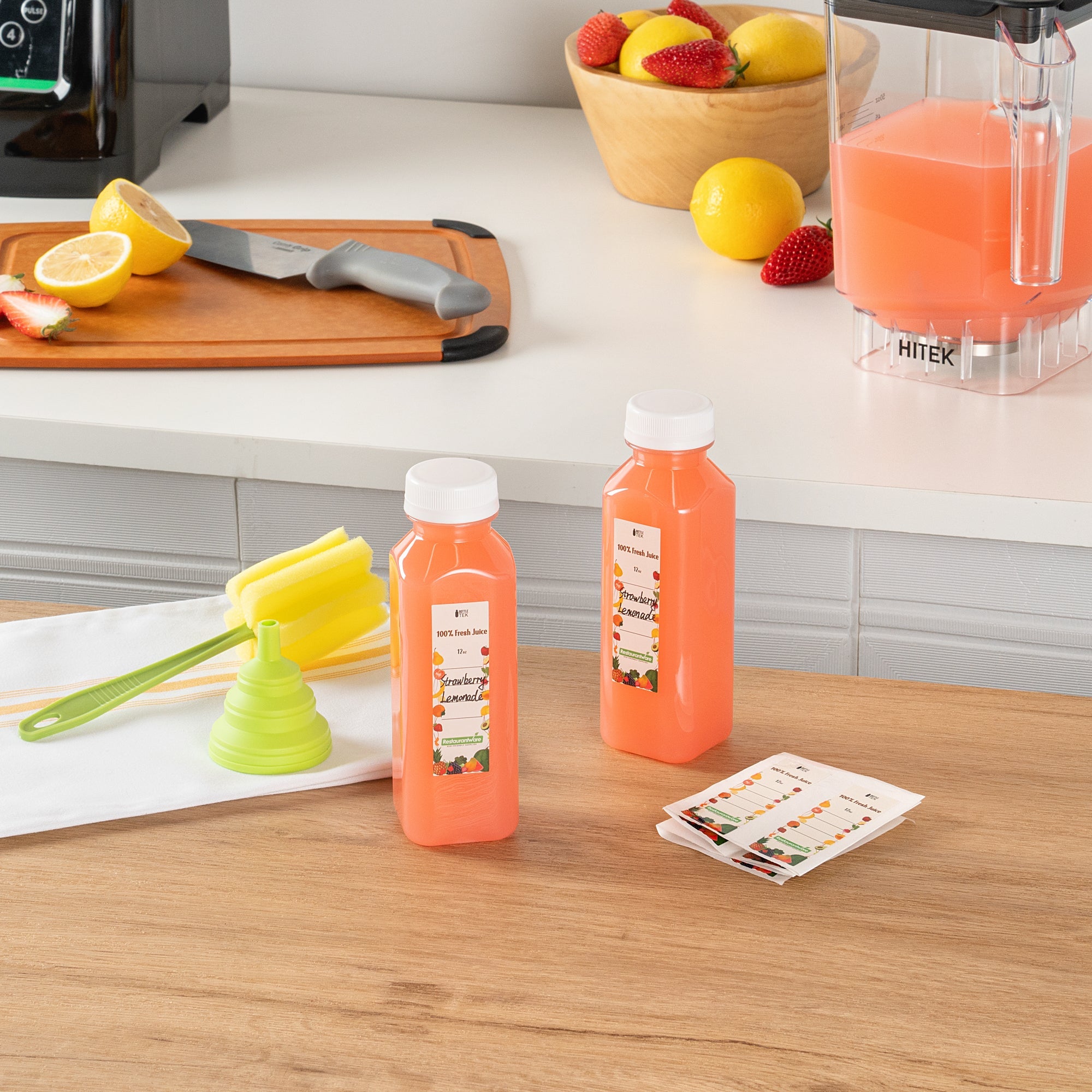 Bottle Tek 10 Square Clear 12 oz Plastic Juice Bottles with Safety Caps - Includes 10 Labels, 1 Funnel and 1 Cleaning Brush
