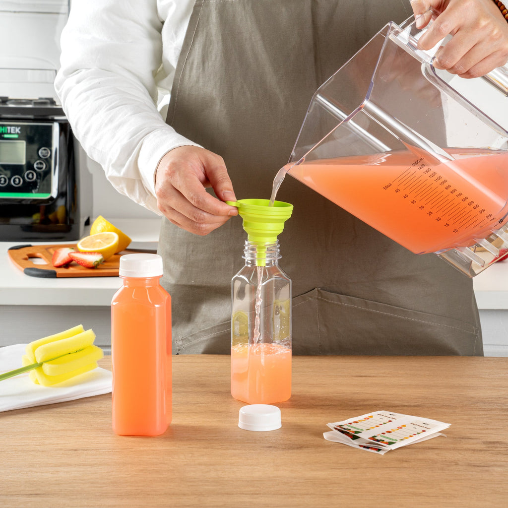 Bottle Tek 10 Square Clear 12 oz Plastic Juice Bottles with Safety Caps - Includes 10 Labels, 1 Funnel and 1 Cleaning Brush